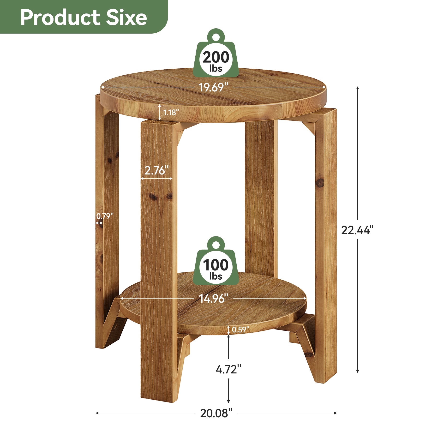 Solid Wood End Table, 2-Tier Round Side Table Nightstand for Living Room, Bedroom