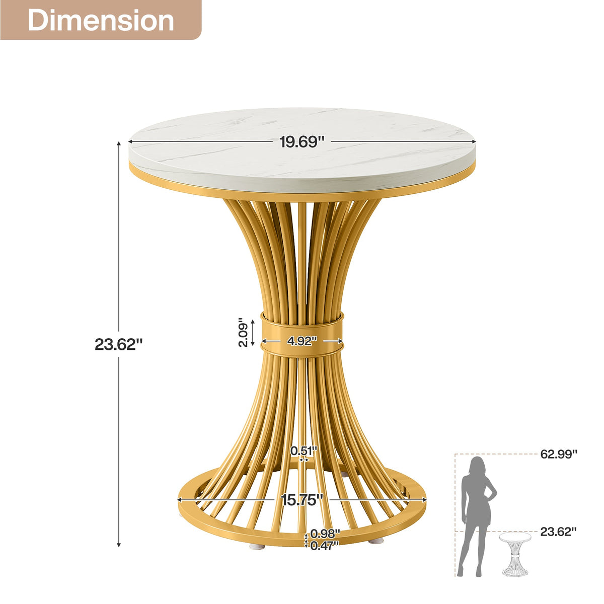 19.69" Round End Table, Faux Marble Side Table with Gold Metal Base