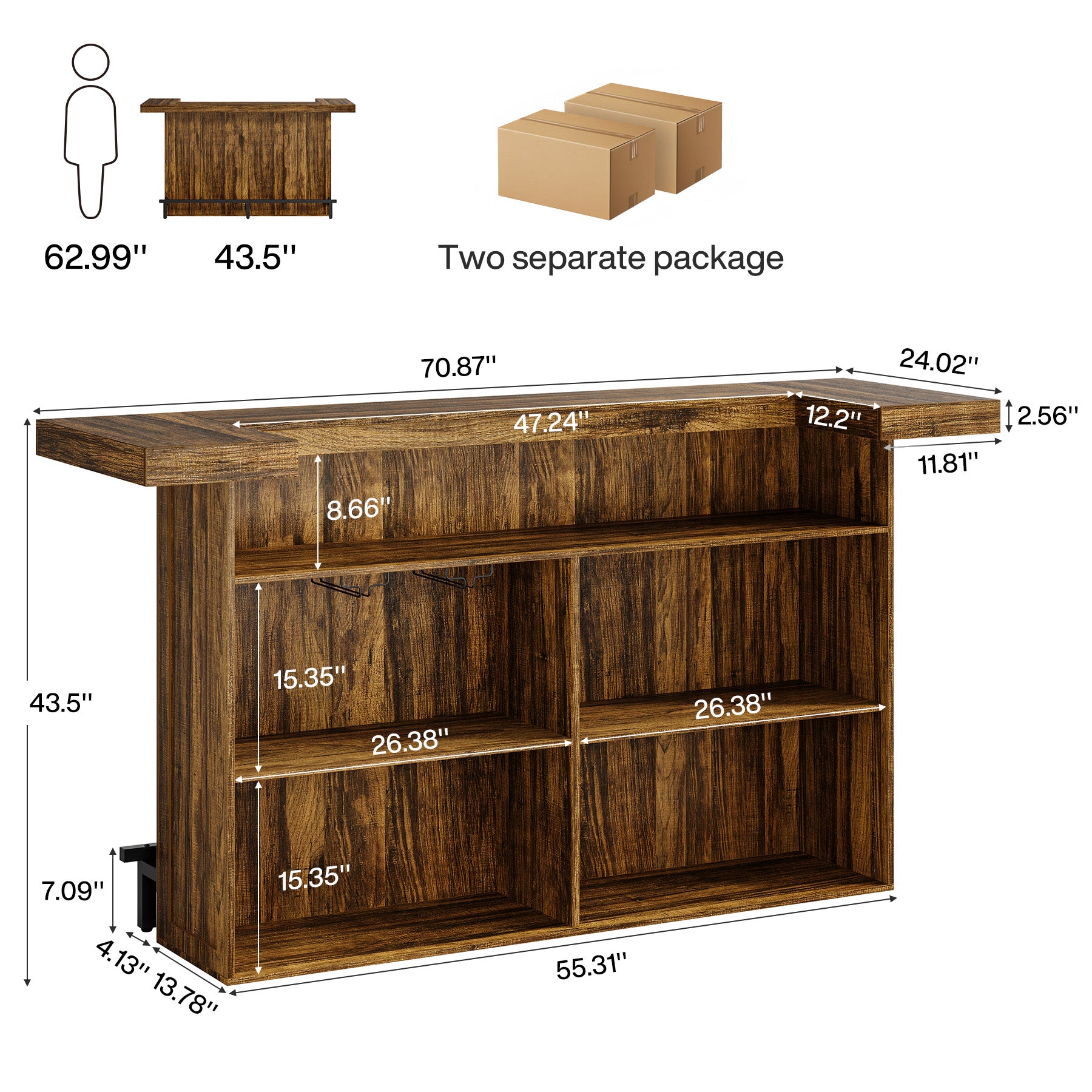 4-Tier Home Bar Unit, 70.9" Liquor Cabinet Bar Table with Wine Glass Holder