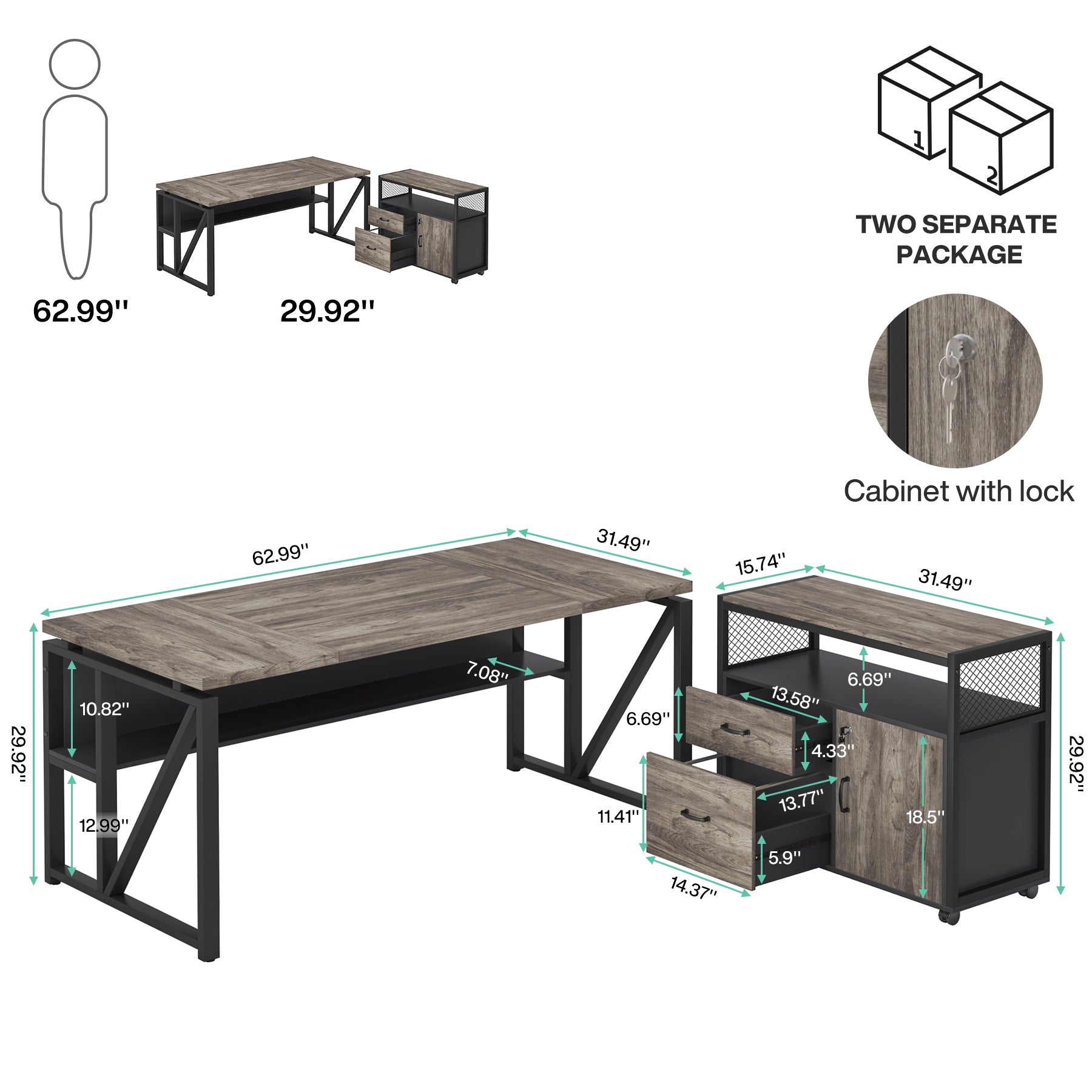 63" Computer Desk with Mobile Cabinet, L-Shaped Desk for Home Office