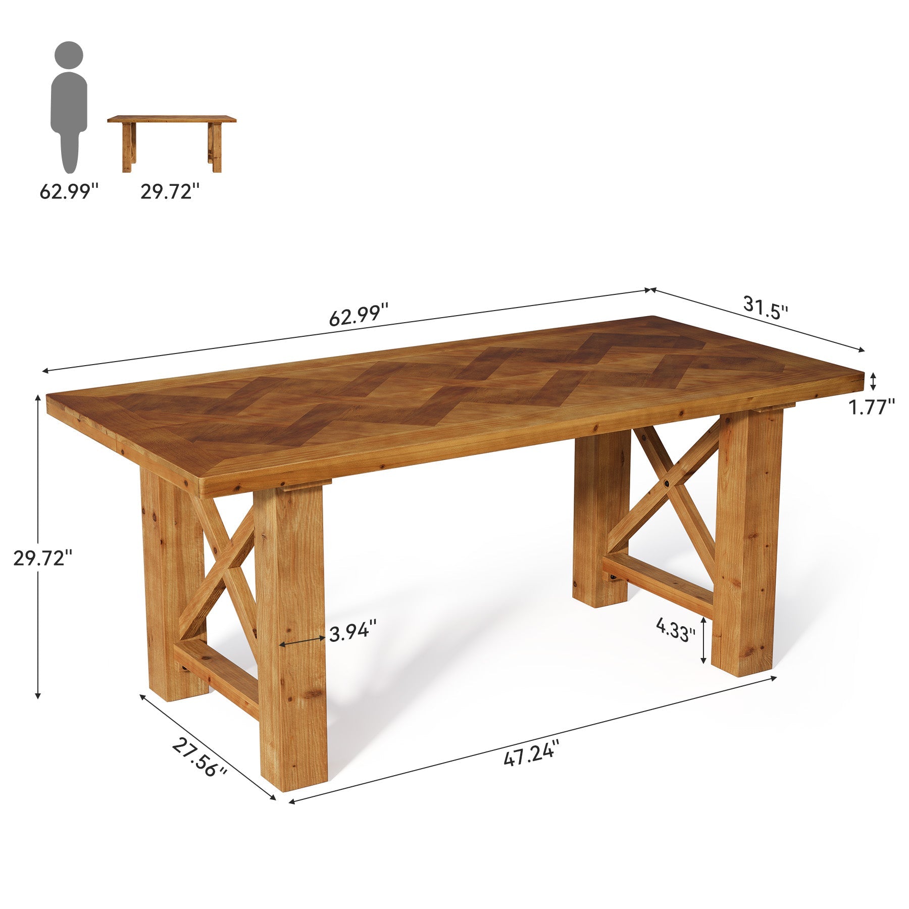 Solid Wood Computer Desk, 63" Executive Office Desk with Parquet Top