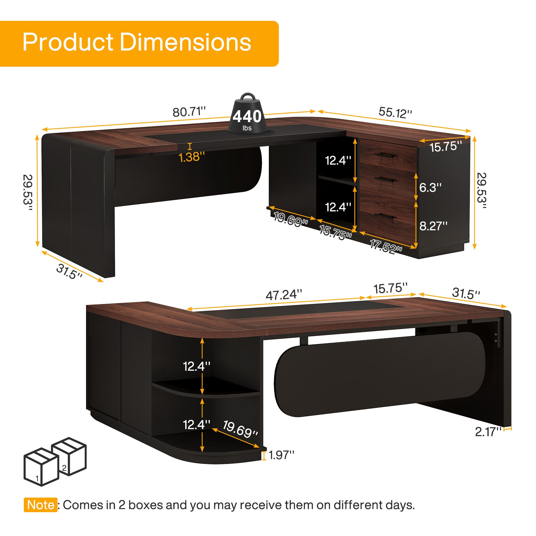 80" Executive Desk, L-Shaped Computer Desk with Storage Drawers