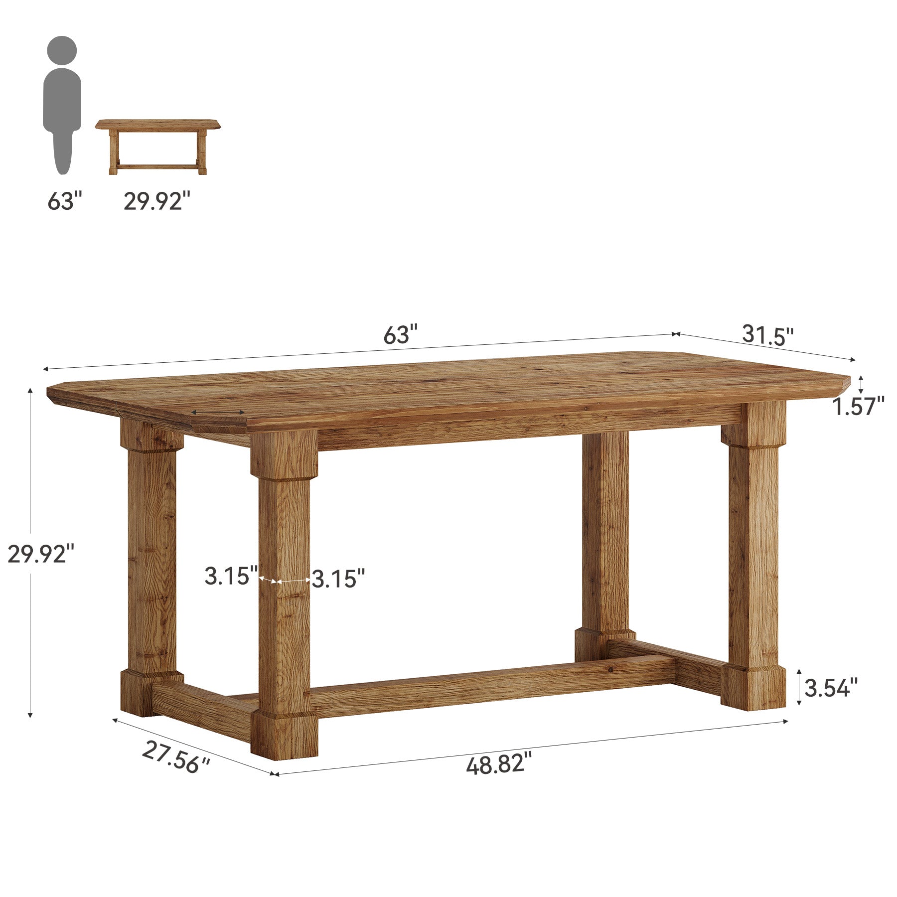 63" Solid Wood Executive Desk, Wooden Office Computer Desk with Thick Top & Sturdy Legs