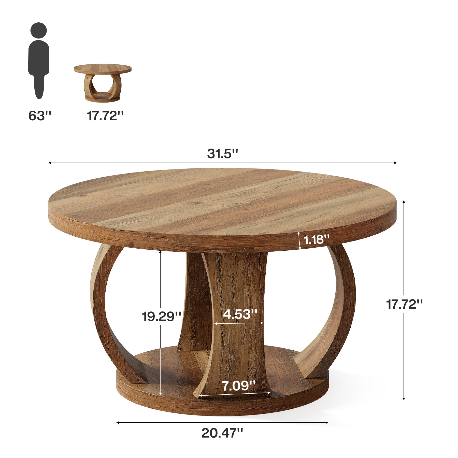 31.5" Round Coffee Table, 2-Tier Center Table with Storage for Living Room