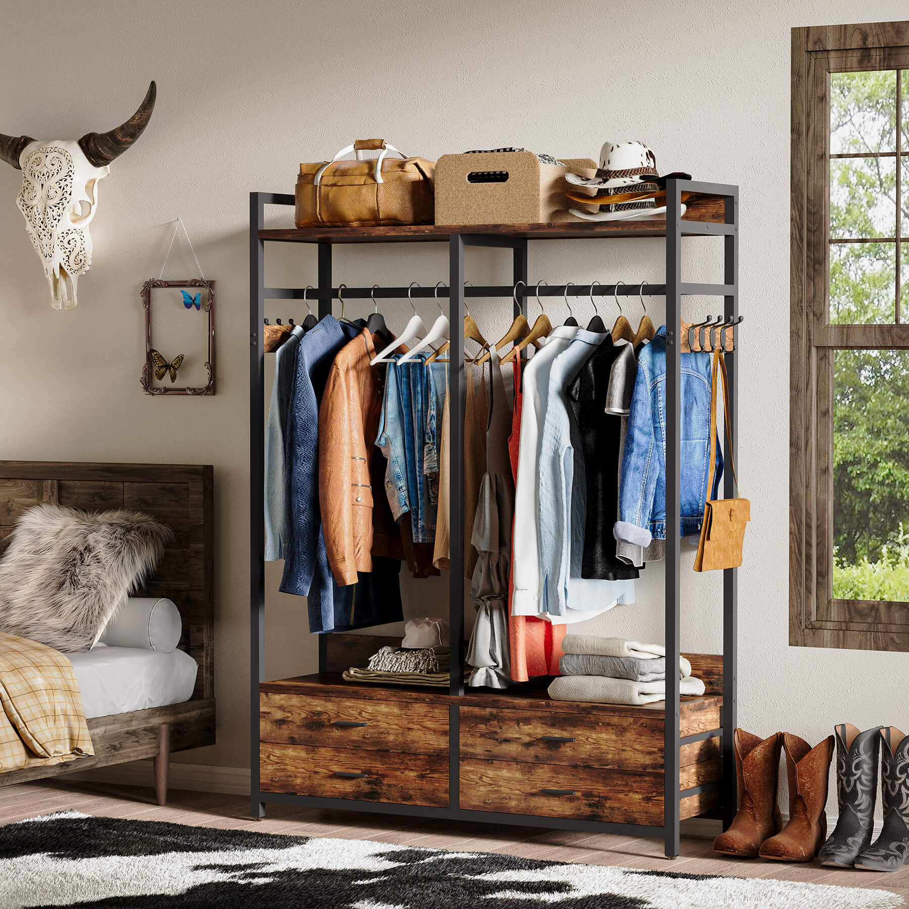 Freestanding Closet Organizer, Garmentย Rack with Drawers & Shelves Tribesigns