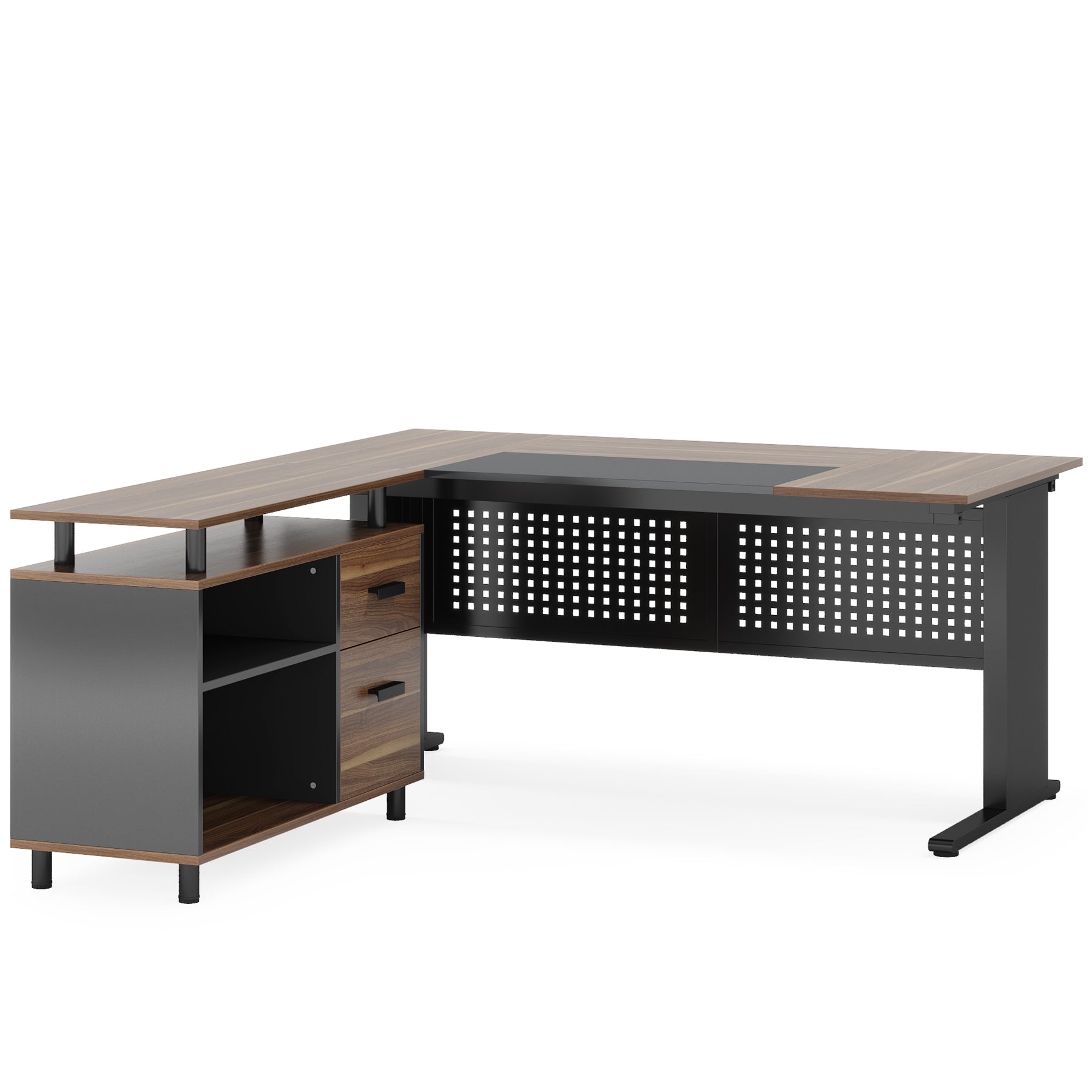 Industrial L-Shaped Desk, 63" Computer Executive Desk with File Cabinet