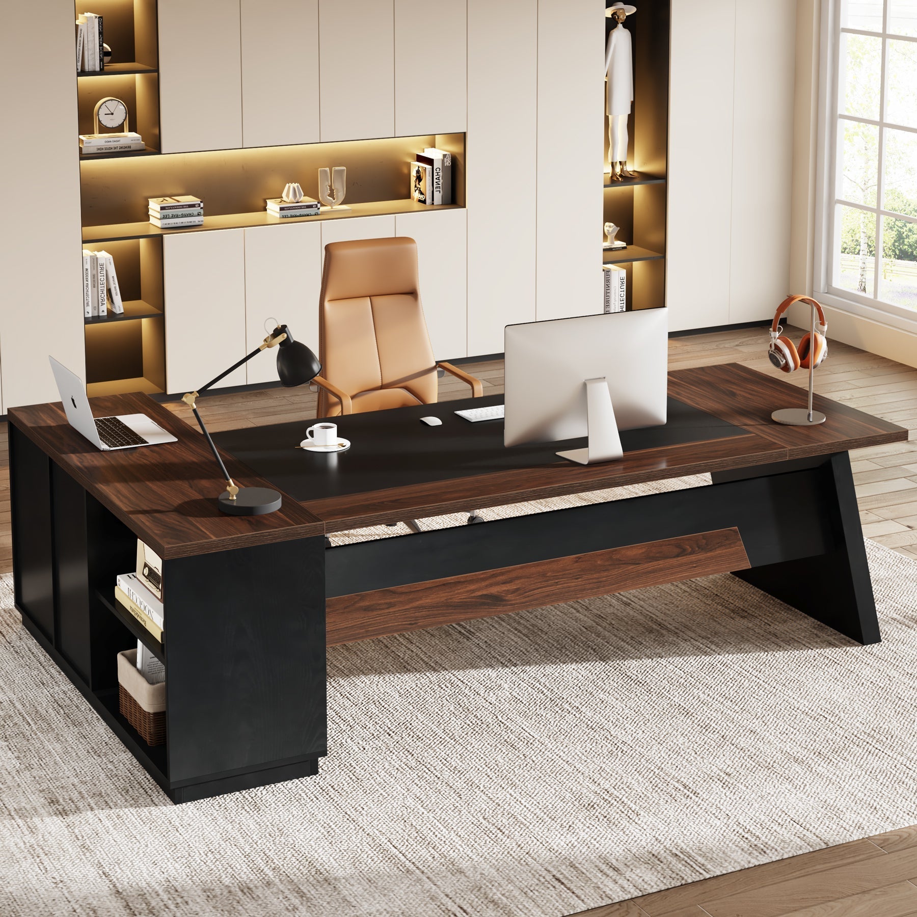 L - Shaped Executive Desk, 78" Office Desk with Drawers and Lateral File Cabinet Tribesigns#Color_Walnut & Black