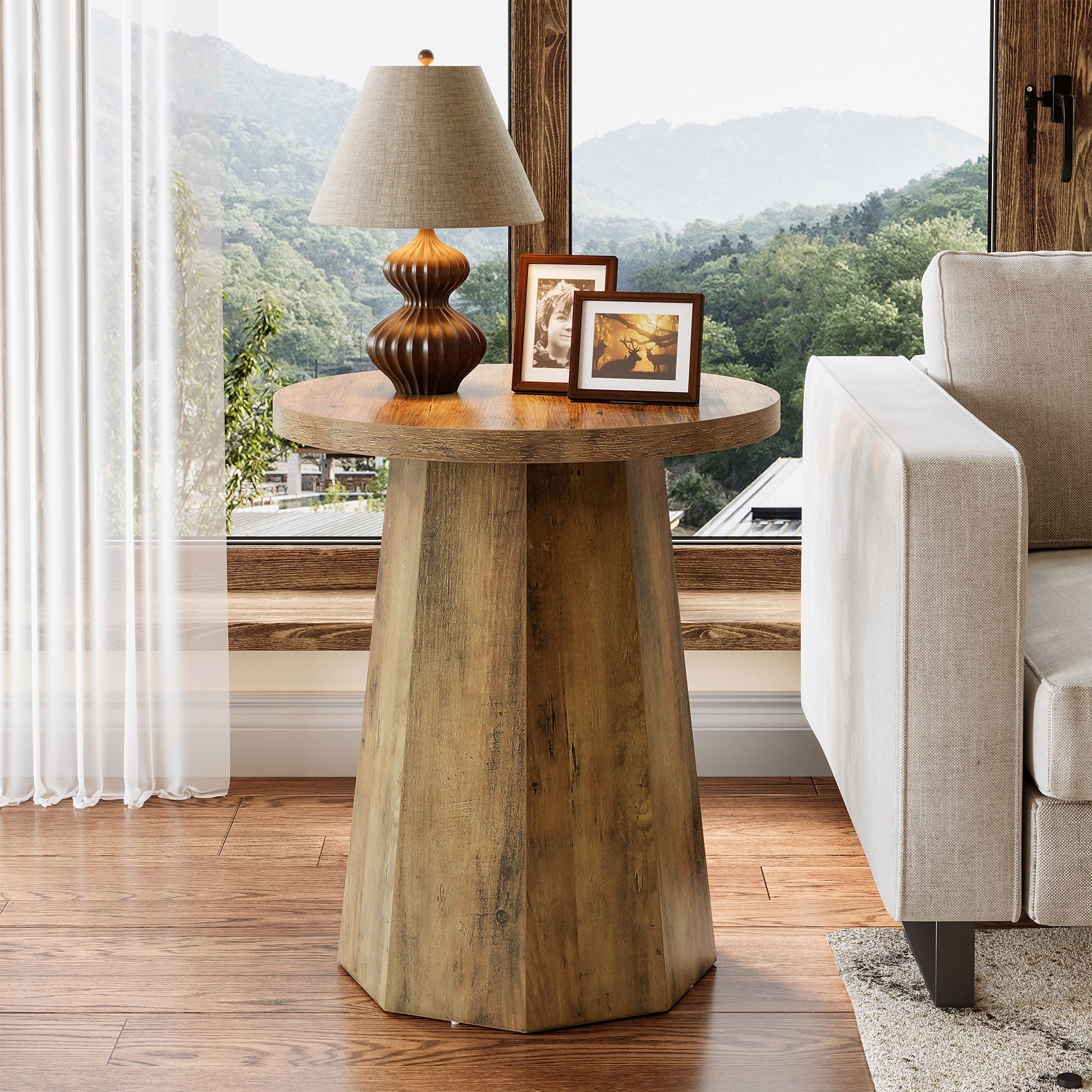 Round End Table, Wooden Couch Side Table with Octagonal Base Tribesigns