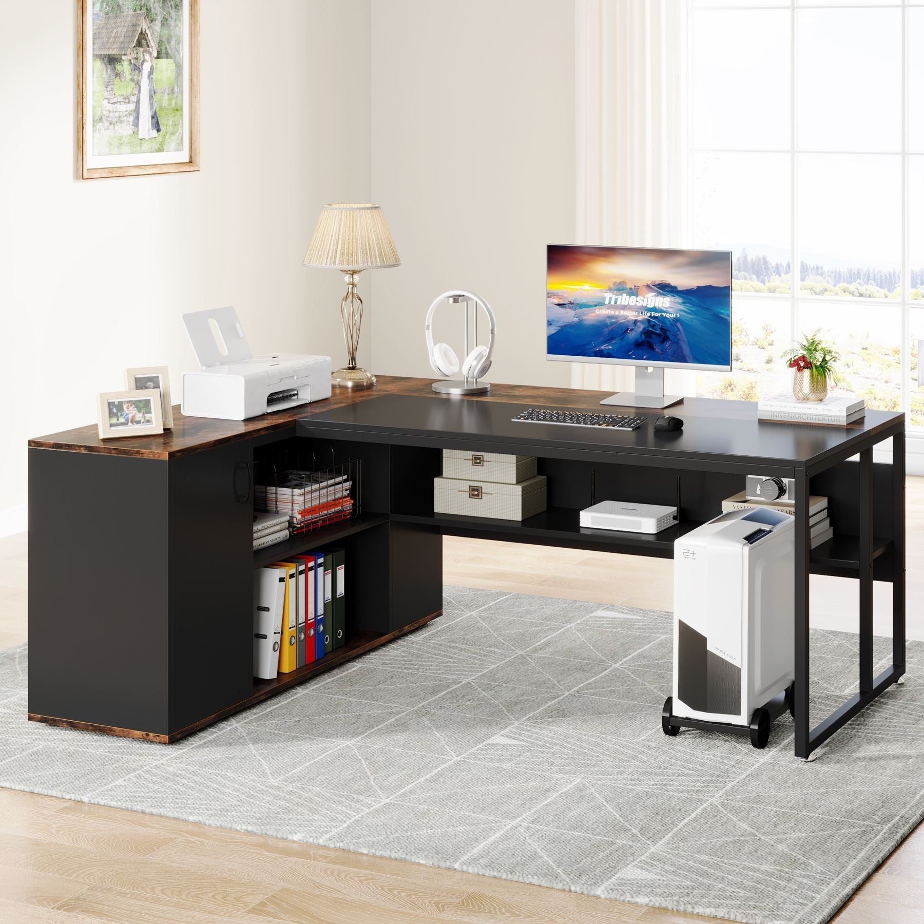 Tribesigns Large L - Shaped Desk, 71 inch Executive Desk with Shelves & Cabinet Tribesigns