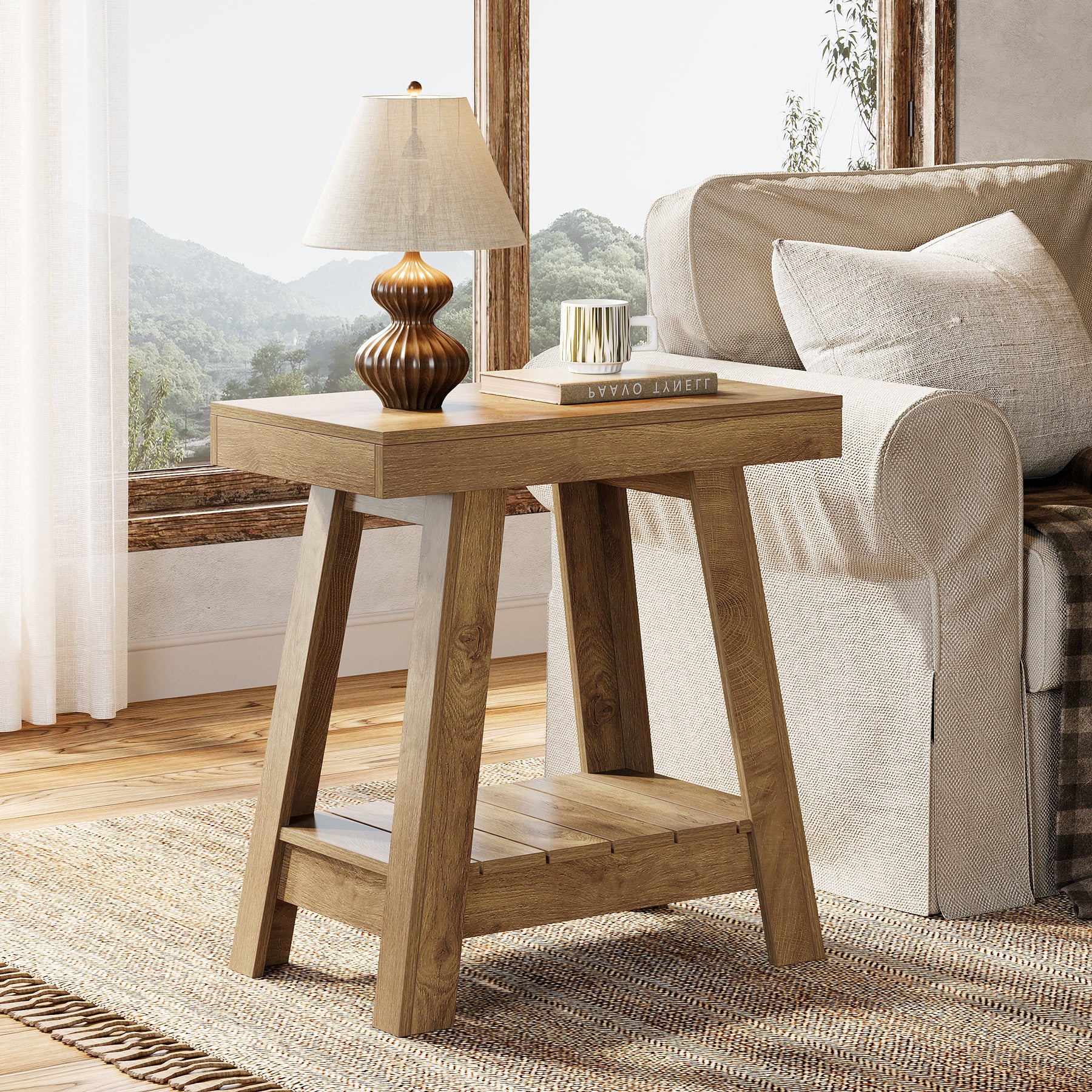 2-Tier  End Table, Small Sofa Side Table Slim Nightstand with Storage for Living Room