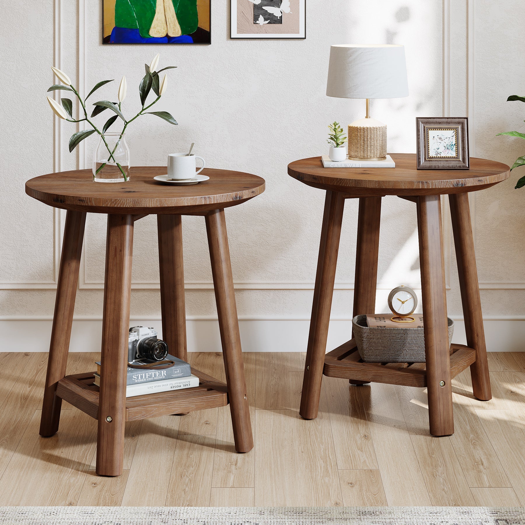 19.69" Round Solid Wood End Table, 2-Tier Farmhouse Side Table with Storage Shelf