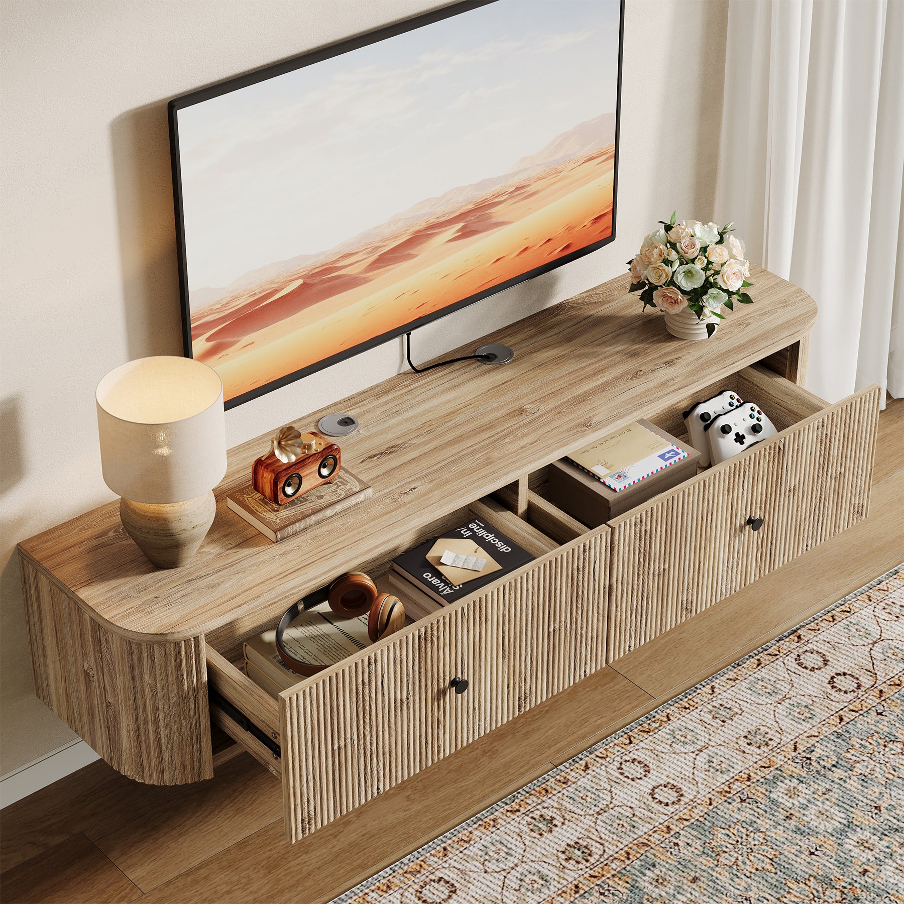 55" Floating TV Stand, Wall Mounted TV Console with 2 Fluted Drawers