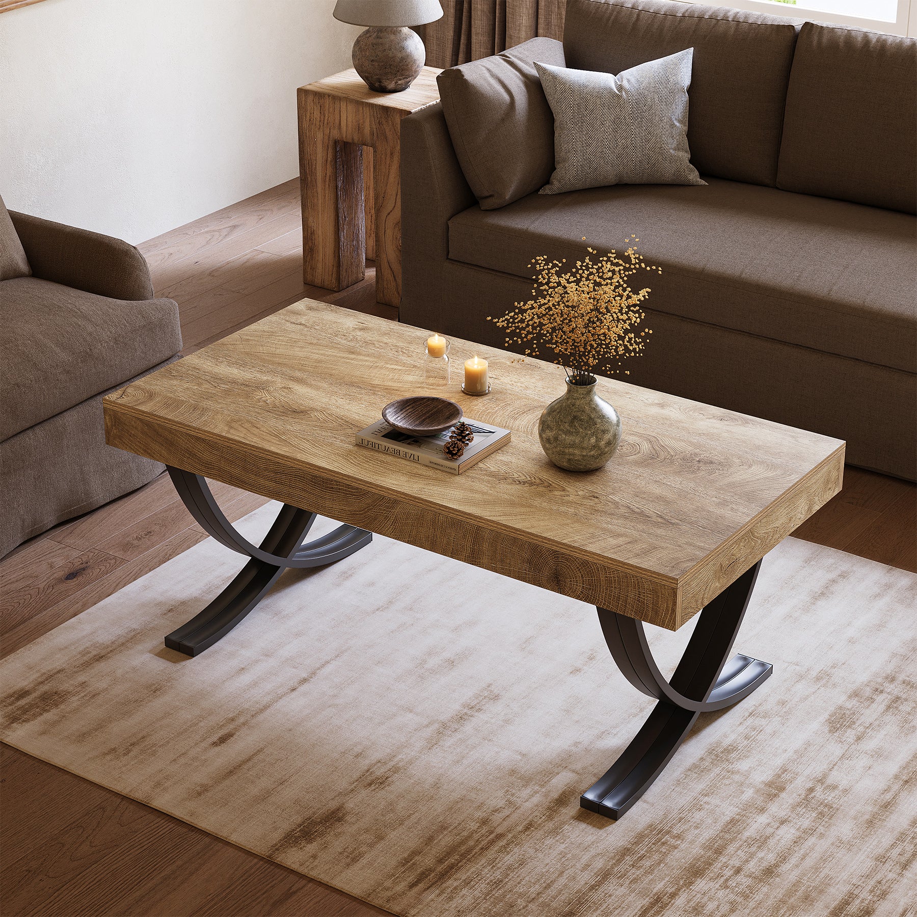 47.2" Coffee Table, Rectangle Center Table with Curved Cross Legs for Living Room