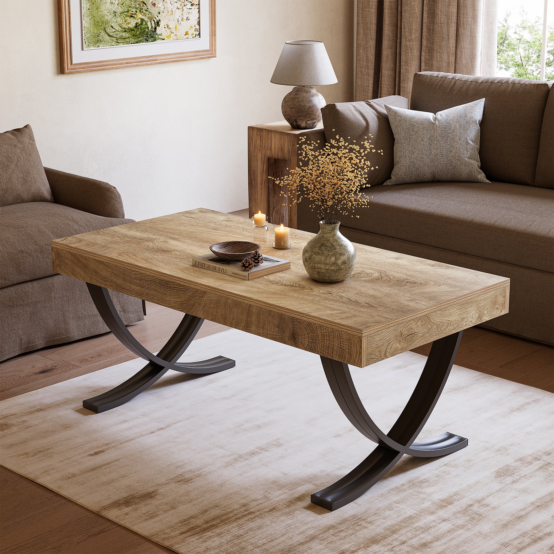 47.2" Coffee Table, Rectangle Center Table with Curved Cross Legs for Living Room