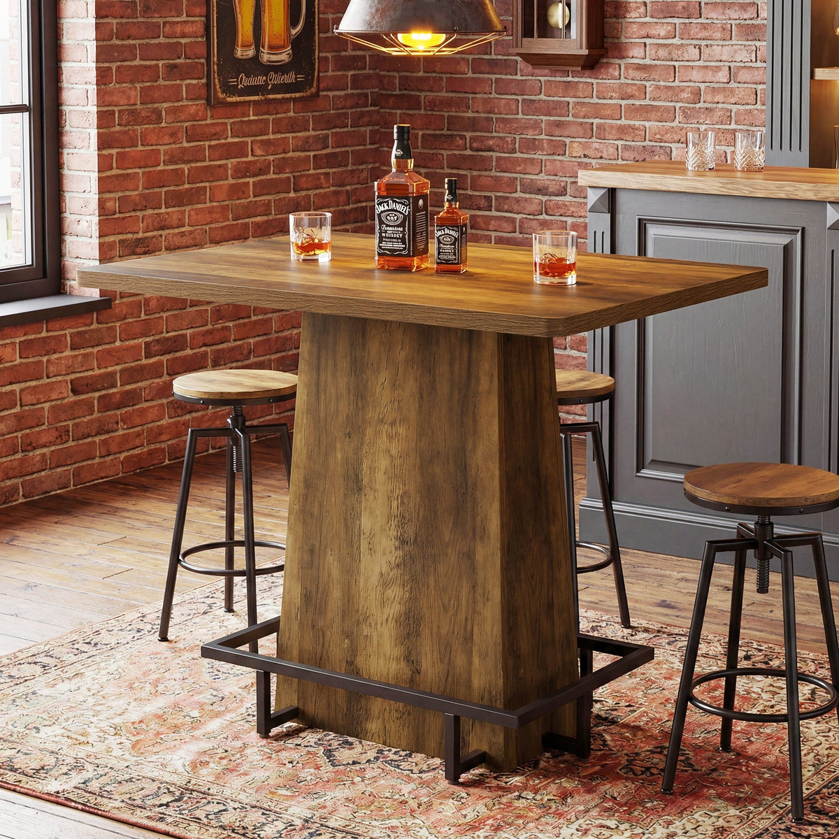 47" Bar Table, Rustic Industrial Pub Table with Footrest for Kitchen Bar Restaurant