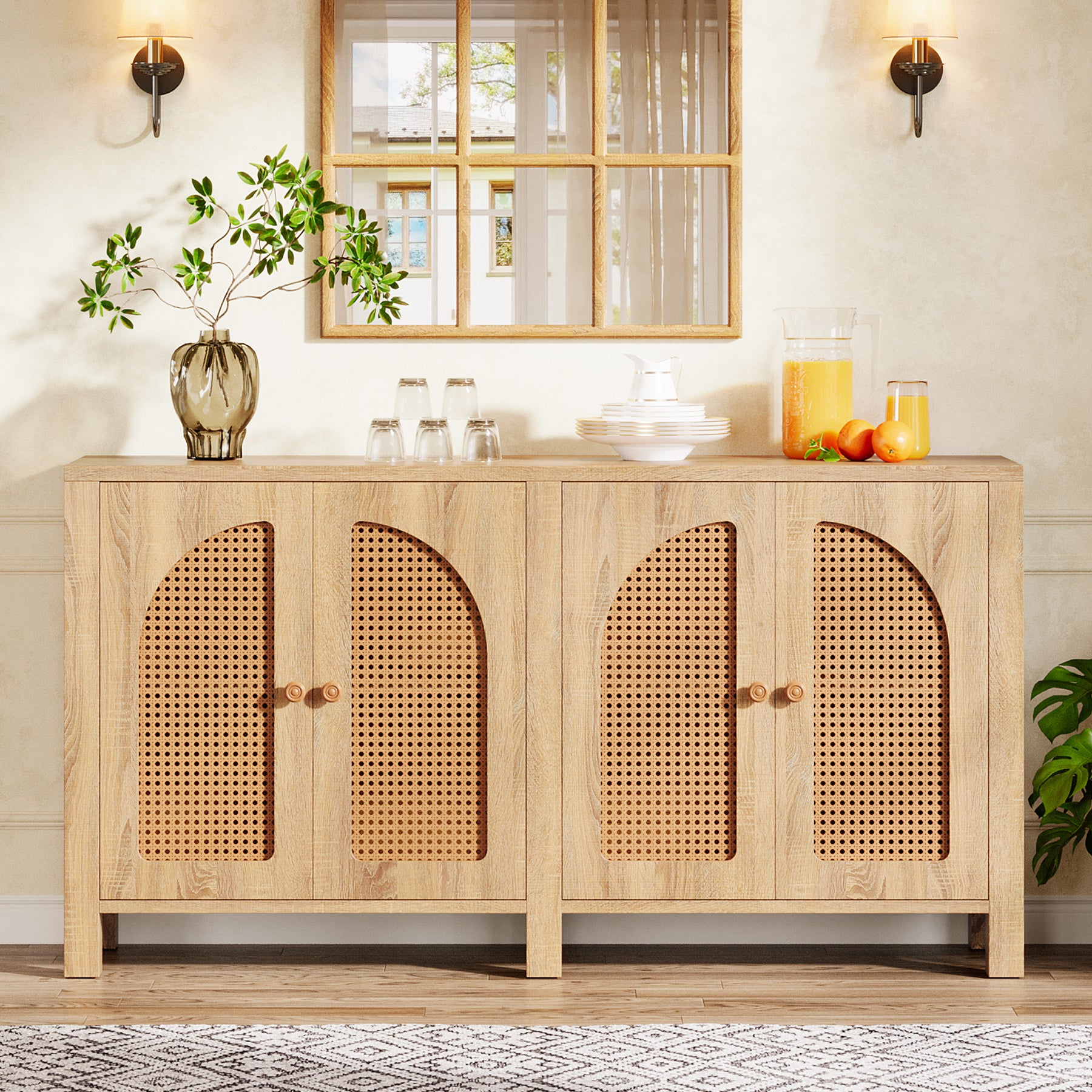 59" Sideboard Buffet, Rattan Credenza Storage Cabinet with 4 Doors