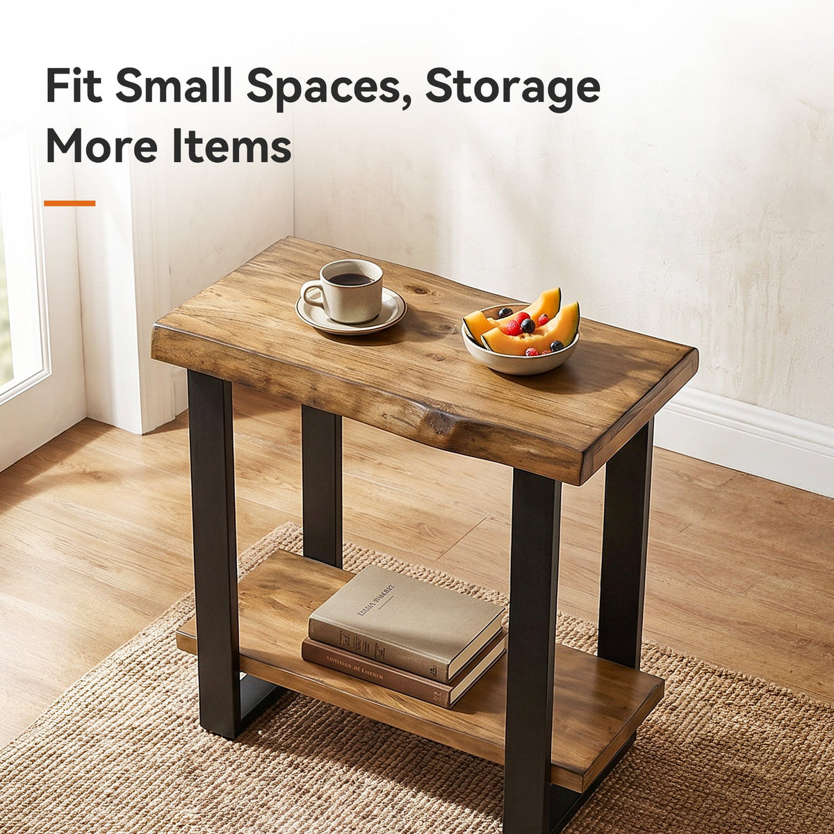 Solid Wood End Table, 2-Tier Side Table Nightstand with Iron Frame
