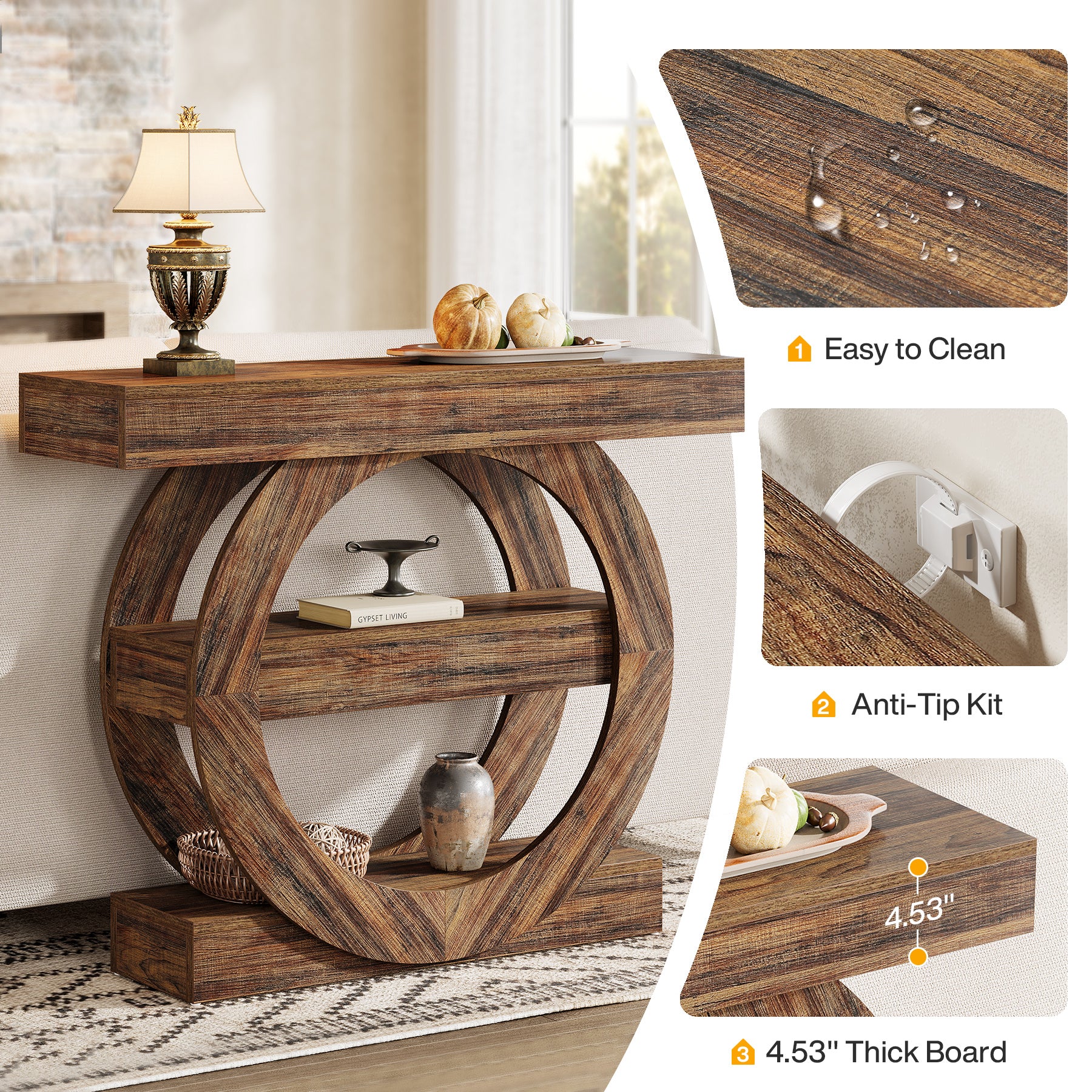 41.3" Console Table, 3-Tier Sofa Table Behind Couch with Circle Base