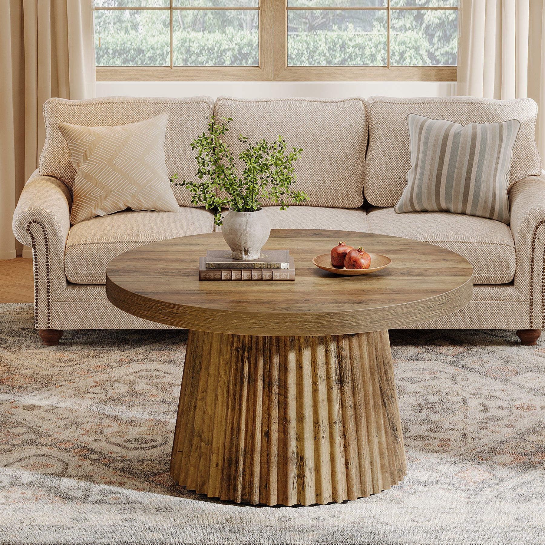 Round Coffee Table, 31.5" Circle Center Table with Fluted Drum Base