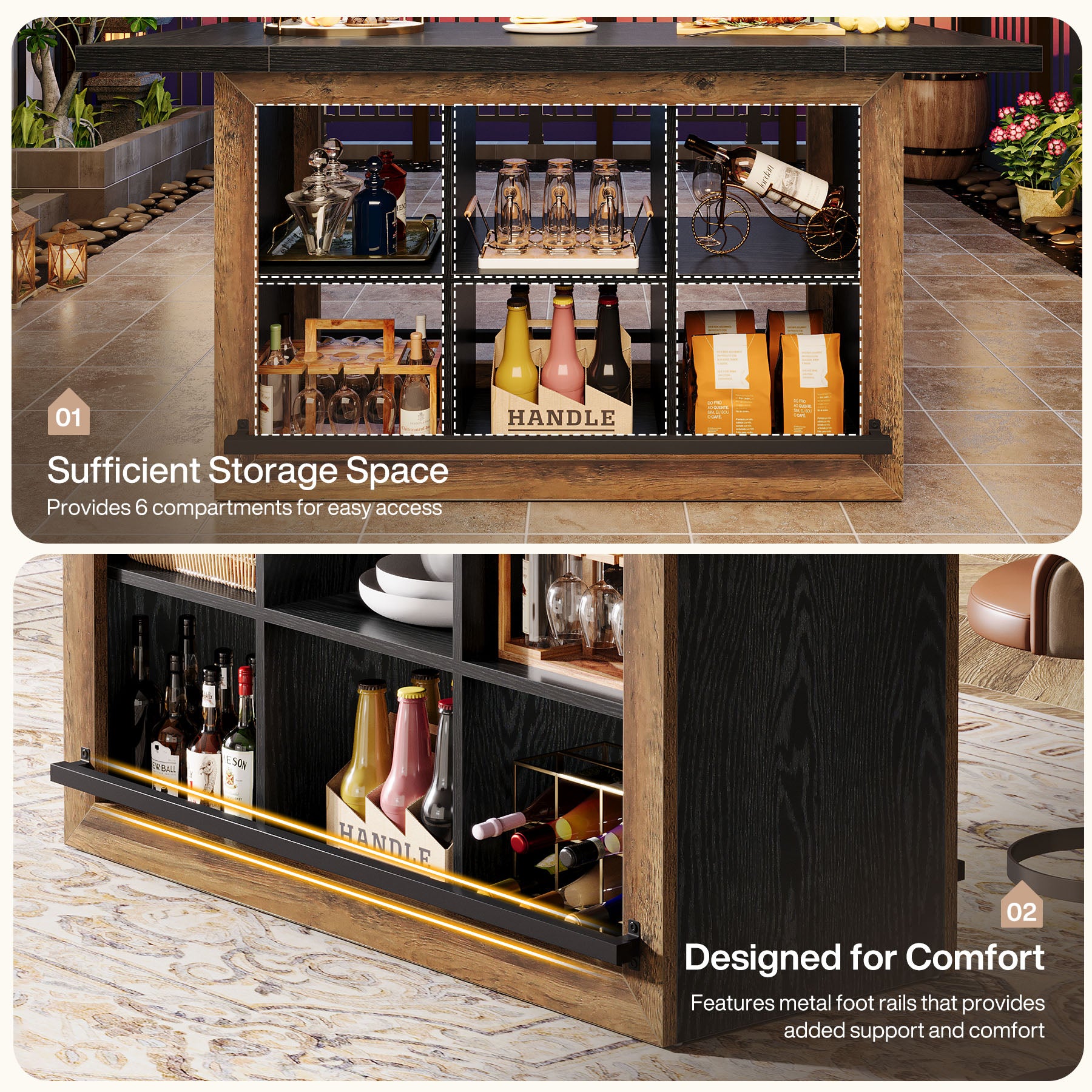 Rectangular Bar Table, 62.6" Home Bar Cabinet Unit with 6 Spacious Cubbies