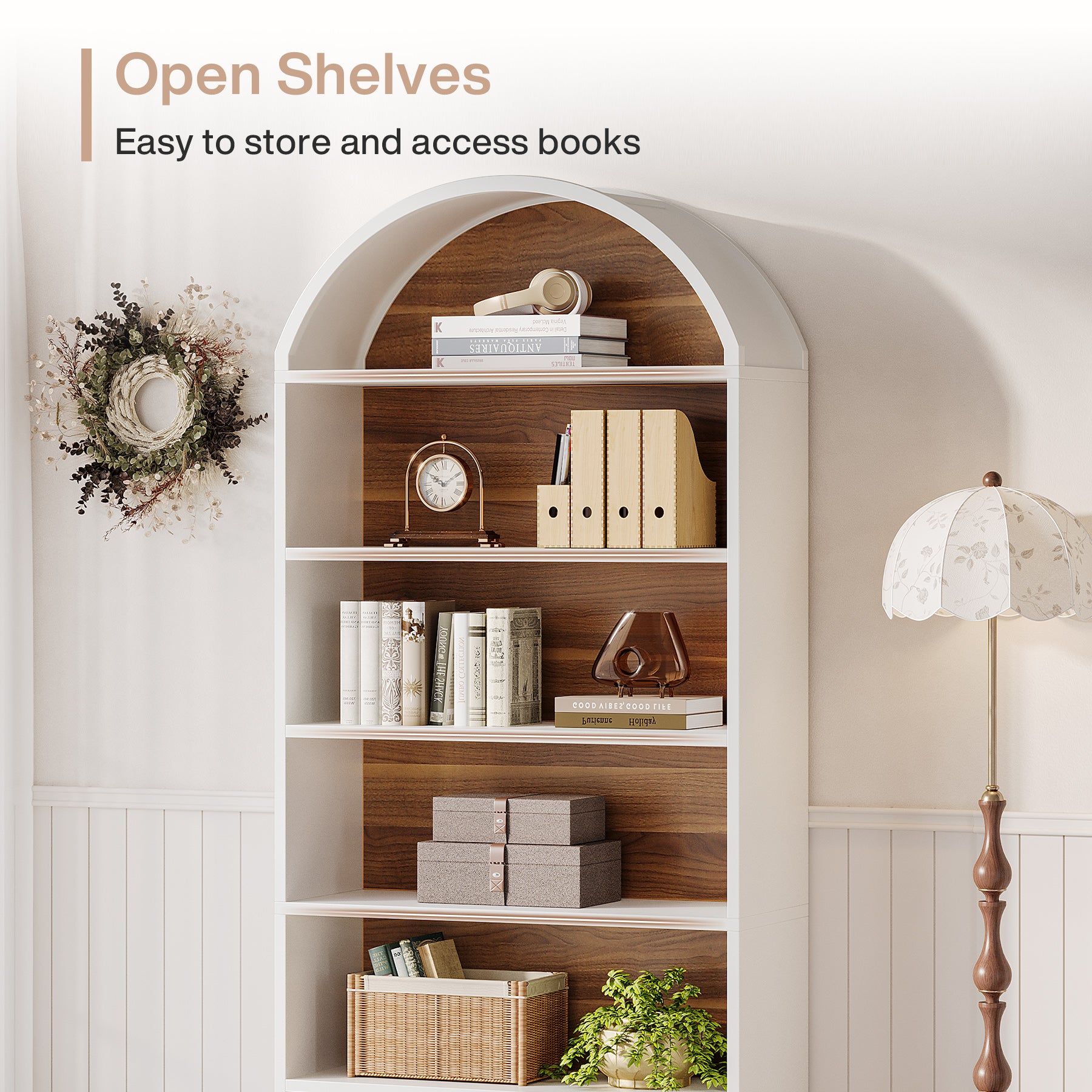 76.8" Arched Bookcase, 5-Tier Bookshelf with File Cabinet Drawer for Home Office