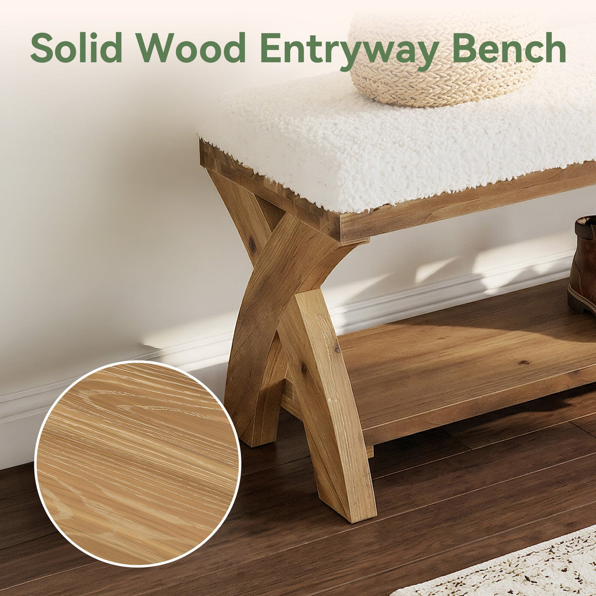 Solid Wood Upholstered Shoe Bench, Entryway Bench with Padded Seat and Storage Shelf