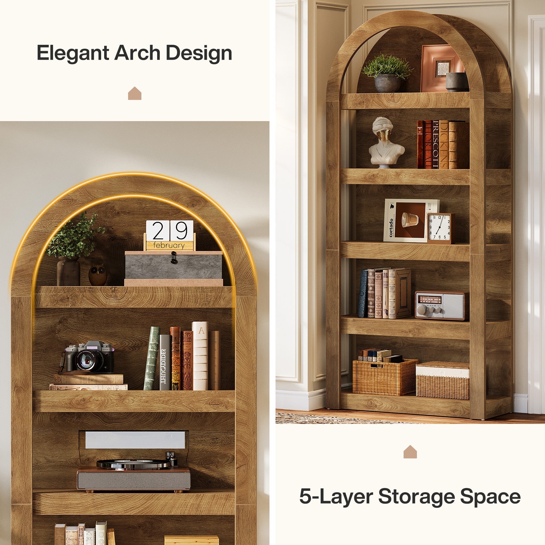 5-Tier Arched Bookshelf, 71" Tall Rack Bookcase Display Shelf for Home Office