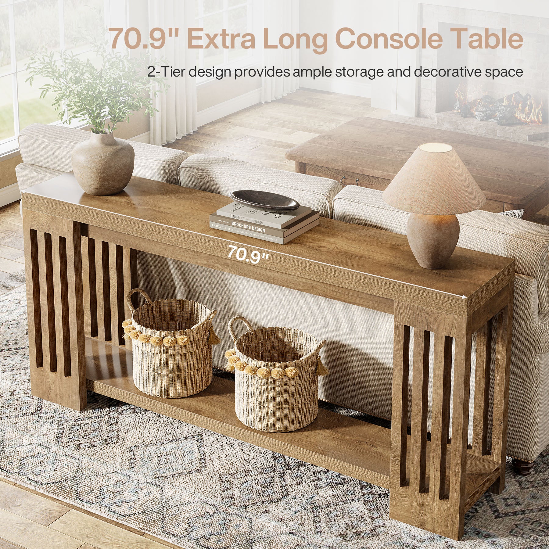 70.9" Console Table, 2-Tier Entryway Sofa Table with Vertical Stripe Legs