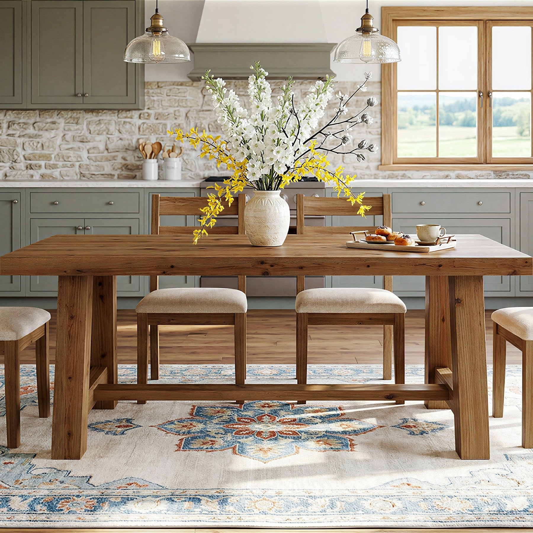 63" Solid Wood Dining Table, Rectangular Kitchen Table for 4-6 People