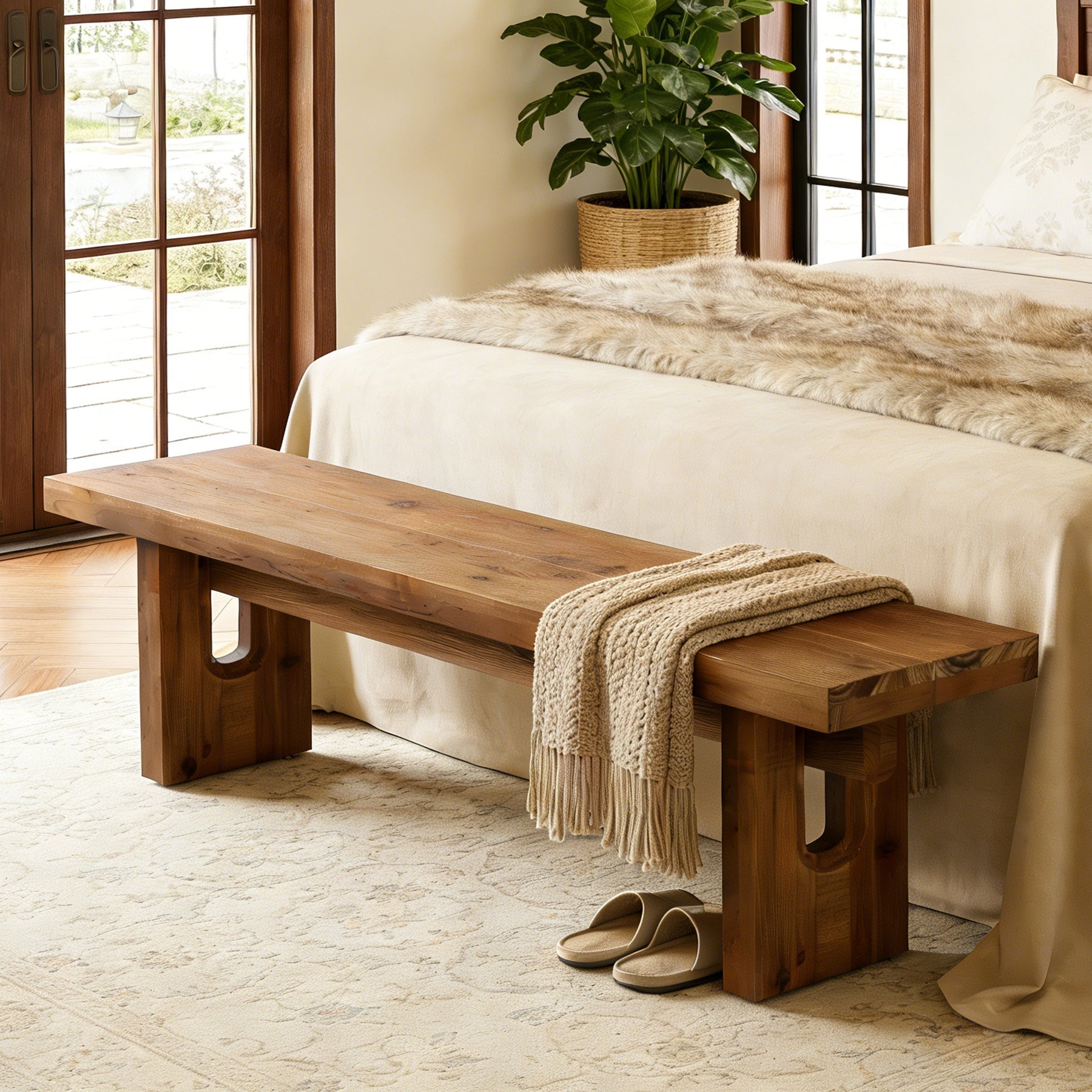 63“ Long Entryway Bench, Solid Wood End of Bed Indoor Seating