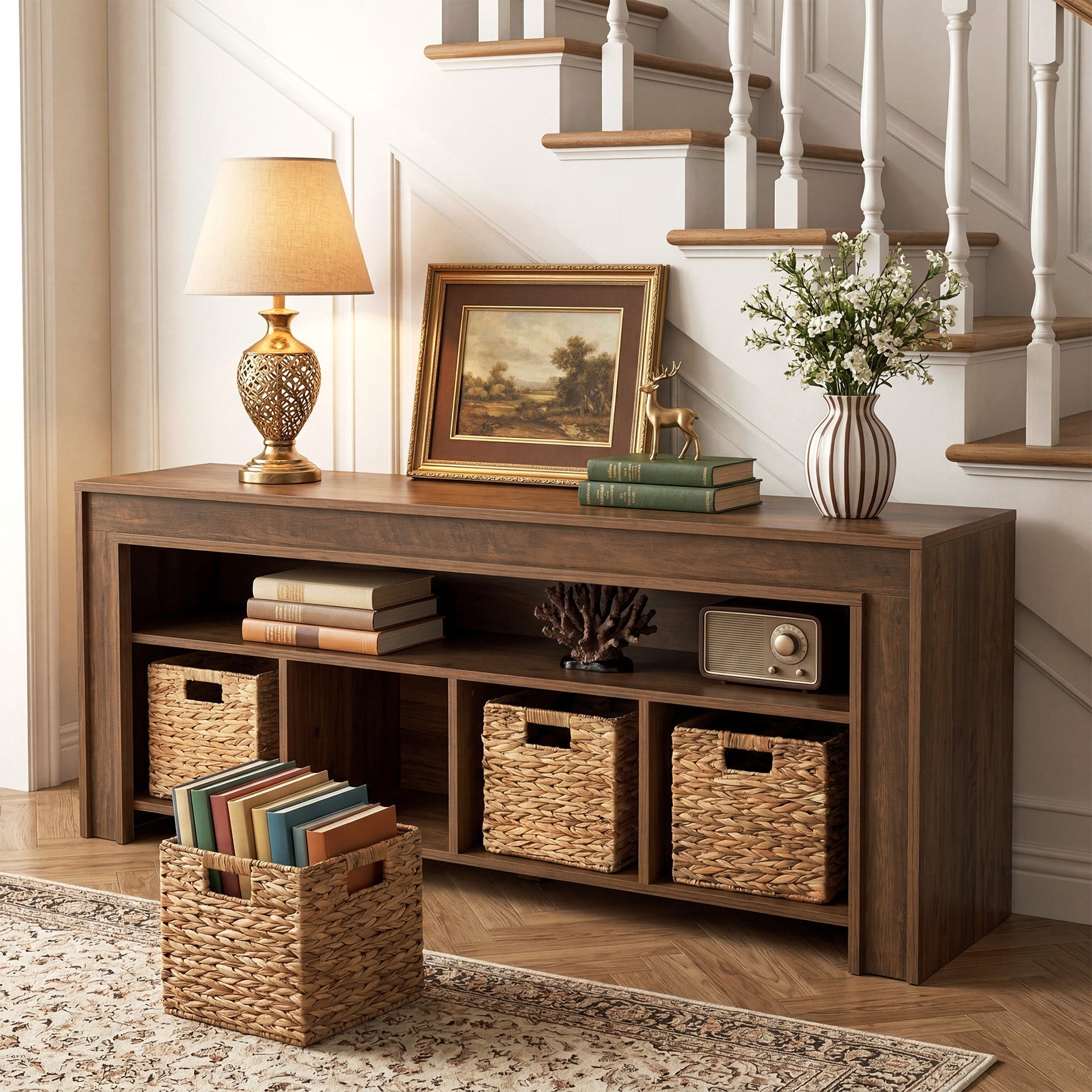 63" Farmhouse TV Stand for 55–70" TVs, Media Console with 4 Woven Baskets & Open Shelf