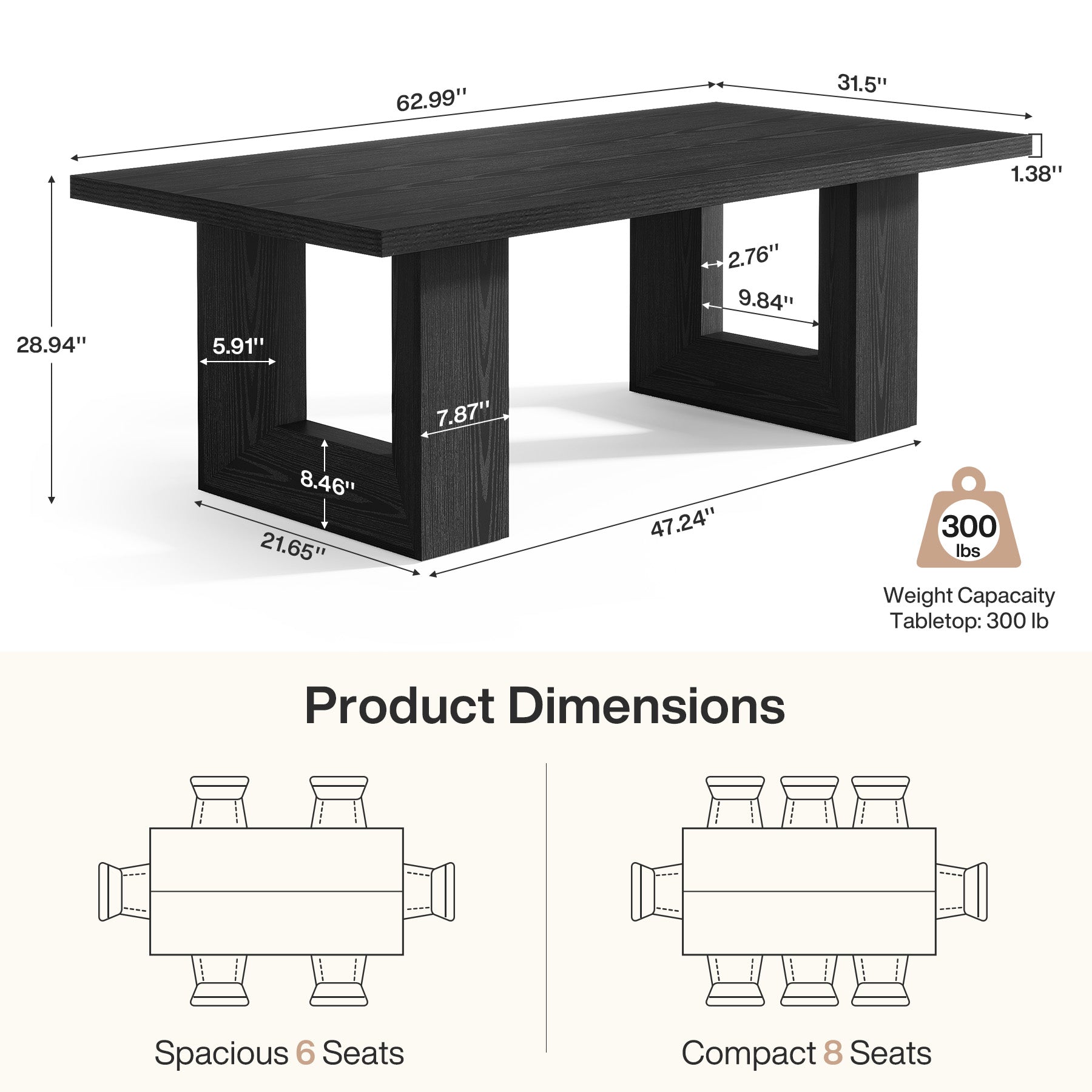 Farmhouse Dining Table, 63" Rectangular Kitchen Table for Dining Room
