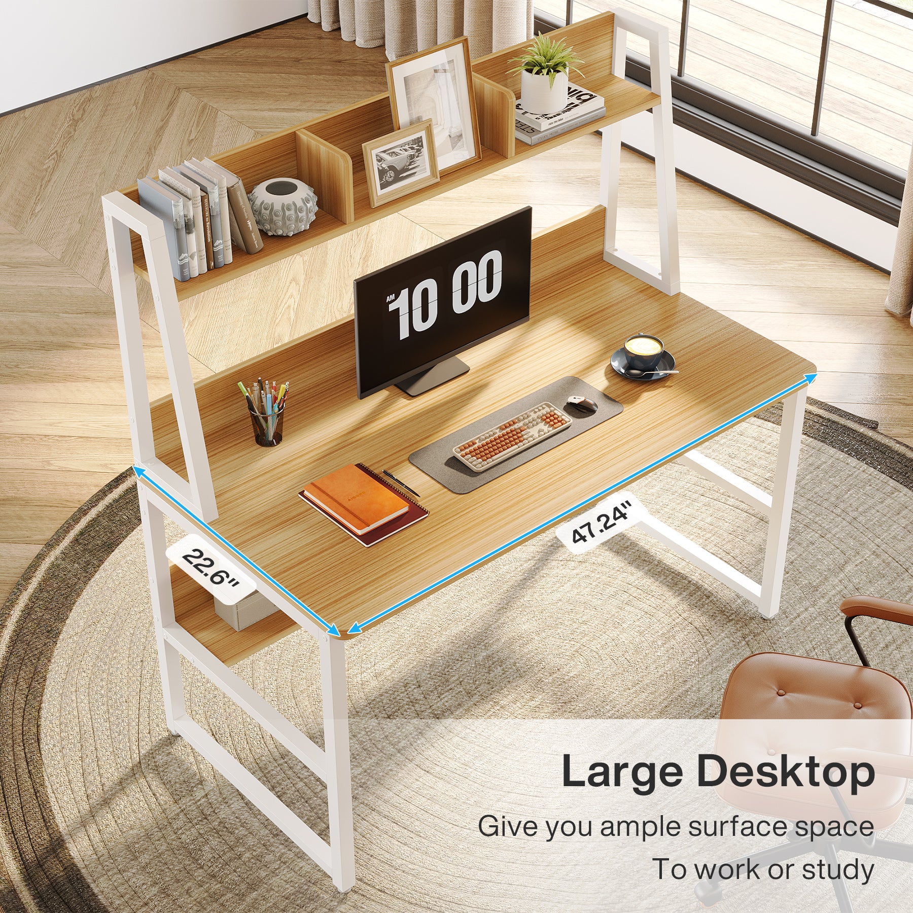 47" Computer Desk, Heavy Duty Writing Desk with Hutch & Bookshelf