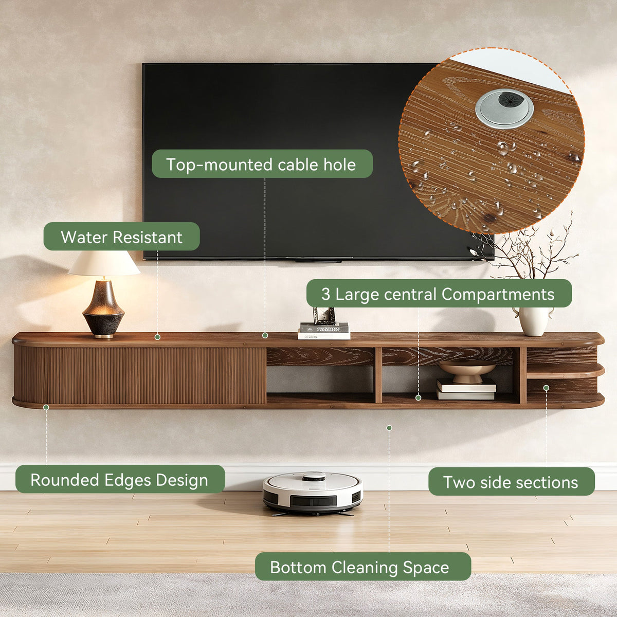 71" Floating TV Stand with Fluted Doors, Solid Wood Media Console with Cable Management for 50-90" TVs