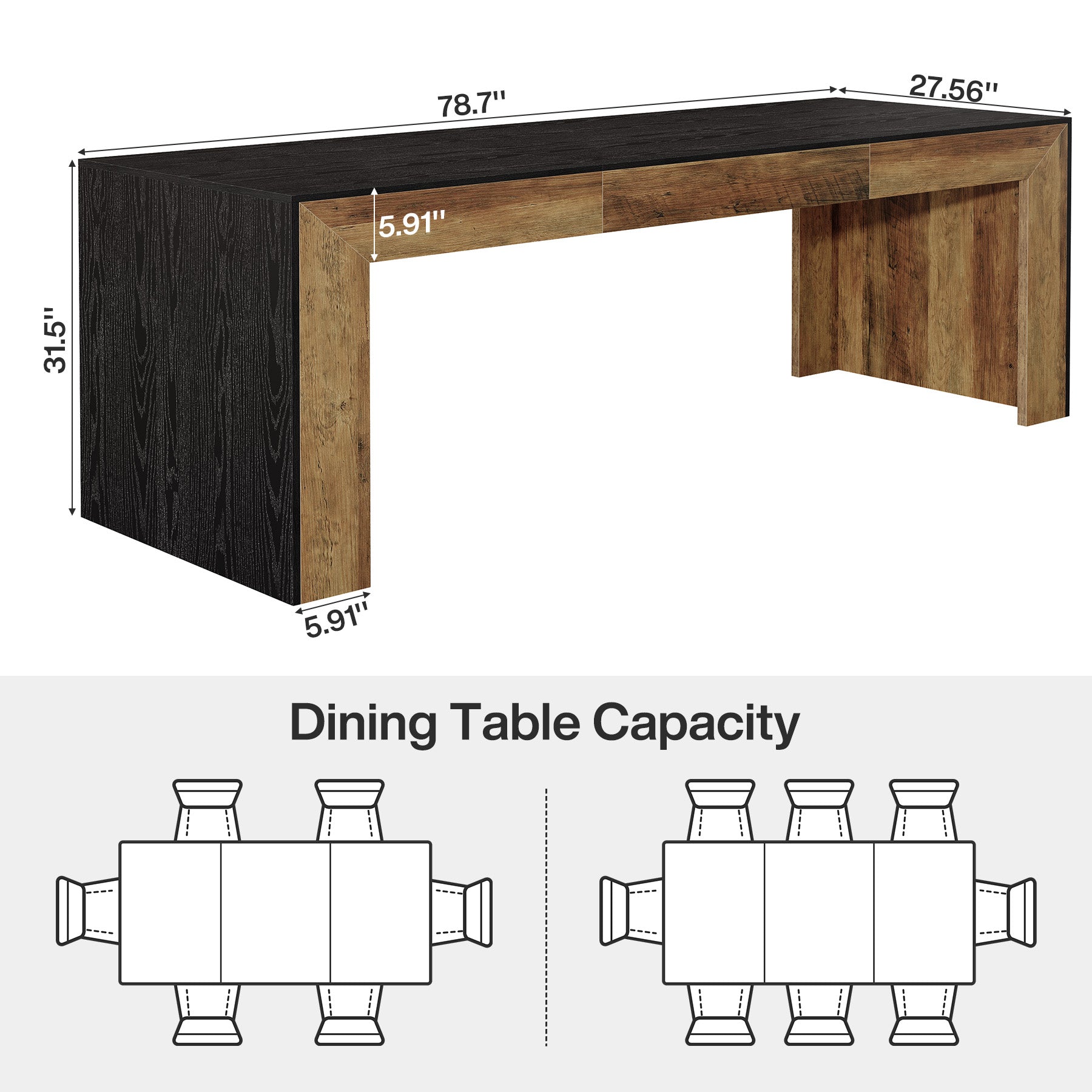 78.7" Dining Table for 6-8, Rectangular Kitchen Table with Wooden Legs