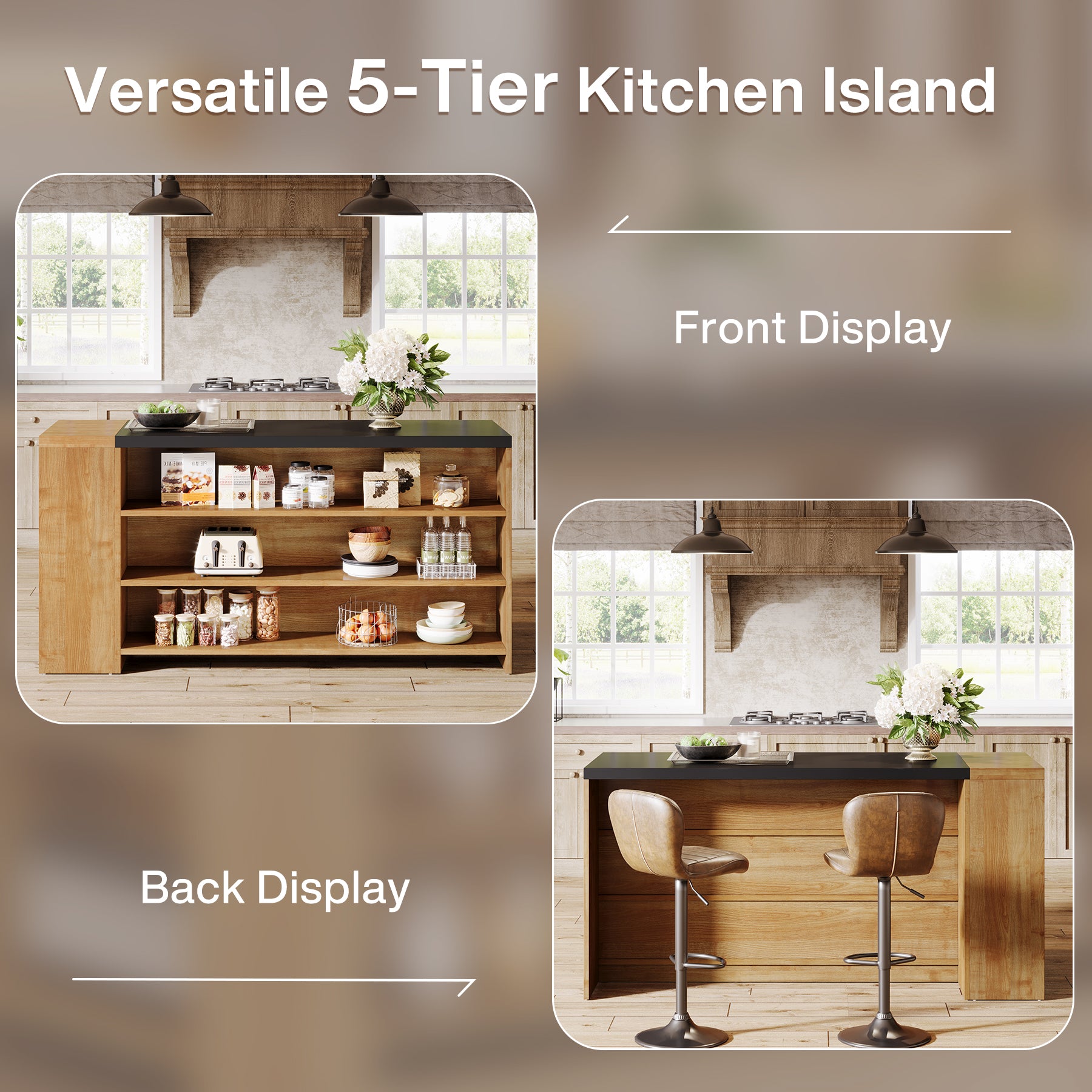 55" Kitchen Island with Storage, Farmhouse Coffee Bar Table with 5 Shelves