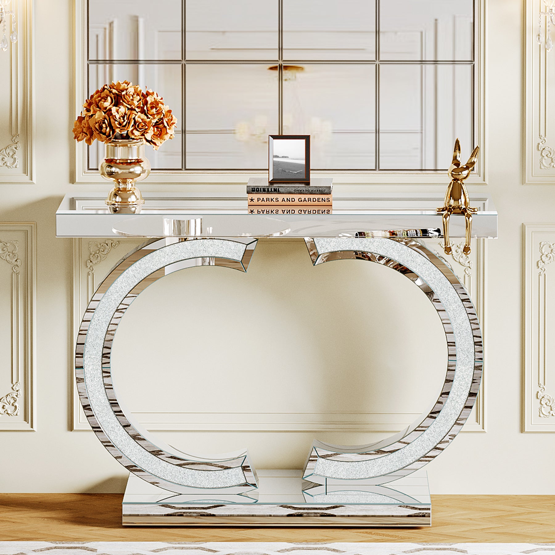 39" Console Table, Modern Mirrored Sofa Table with C-Shaped Base