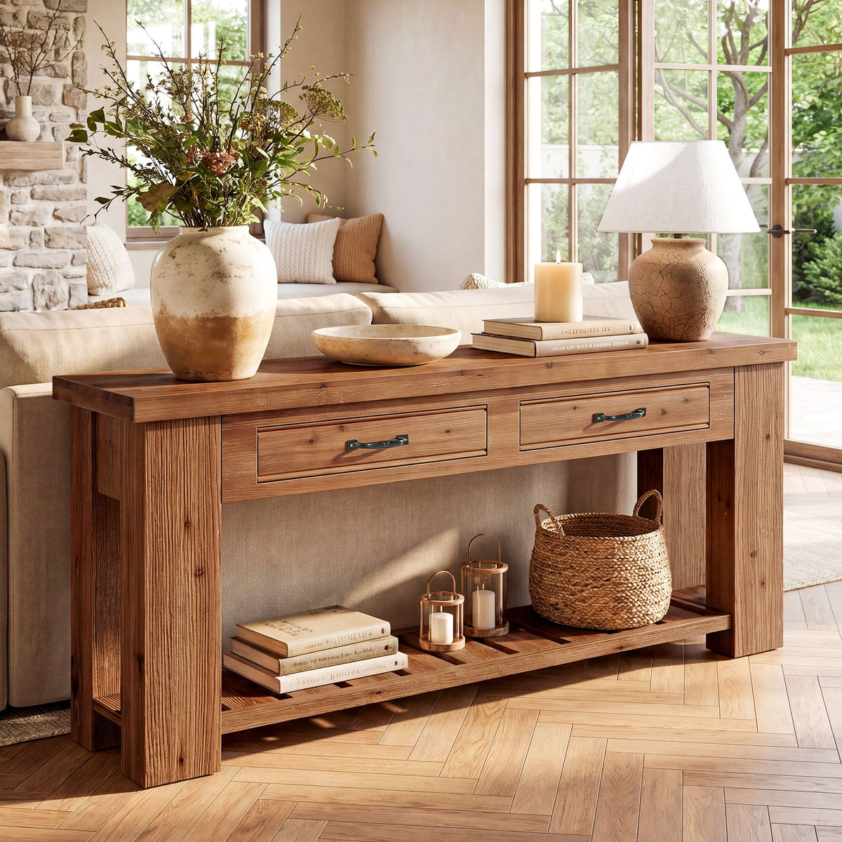 63" Solid Wood Console Table, Entryway Sofa Table with 2 Drawers and Open Slatted Shelf