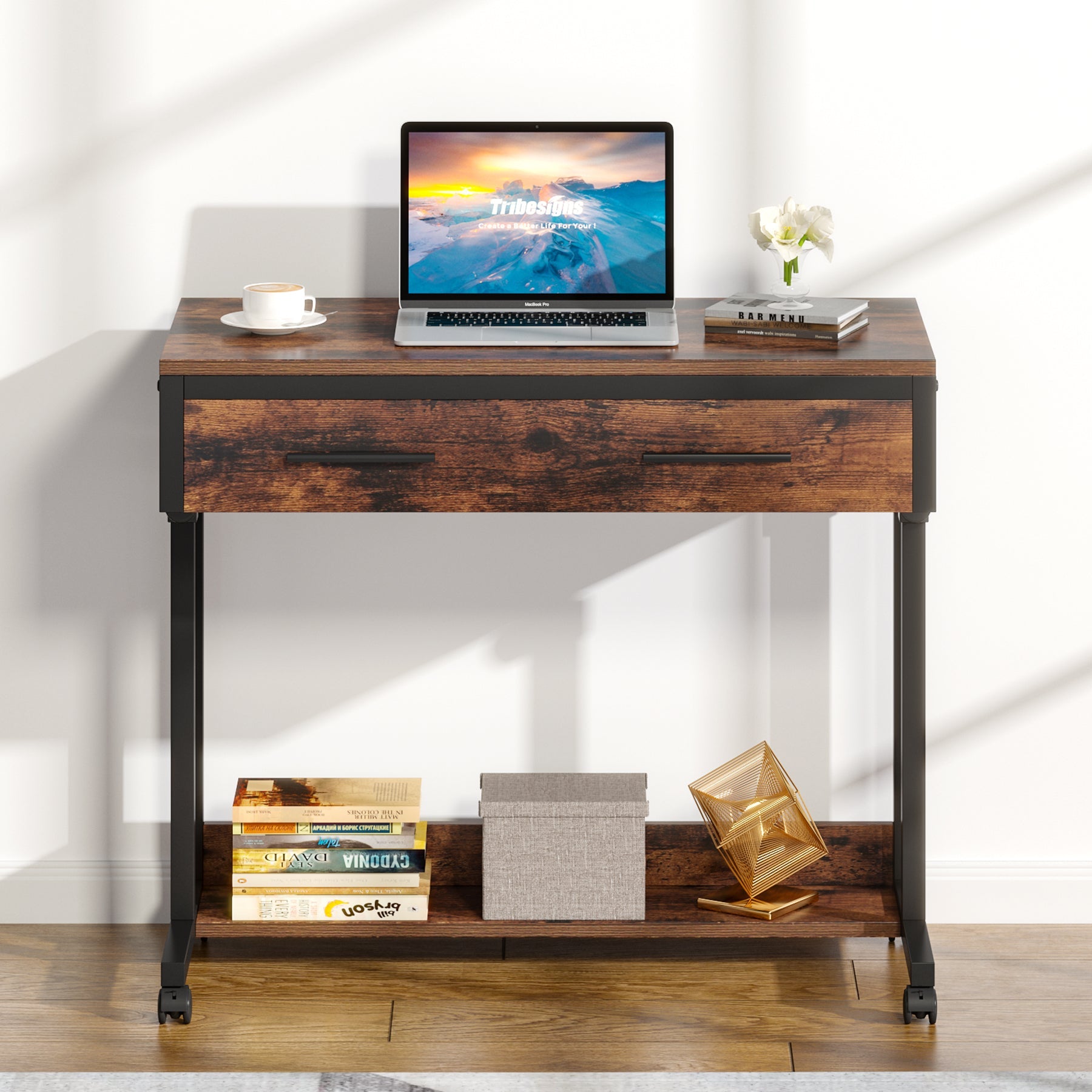 Height Adjustable Desk, Mobile Side Table Portable Desk with Drawers Tribesigns