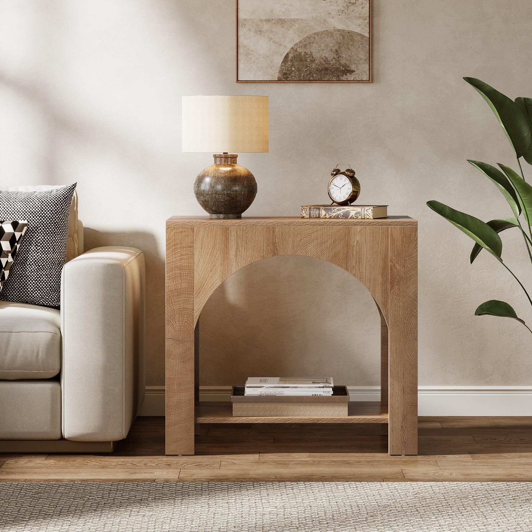 Farmhouse End Table, Large Sofa Side Table with 2-Tier Storage Shelf