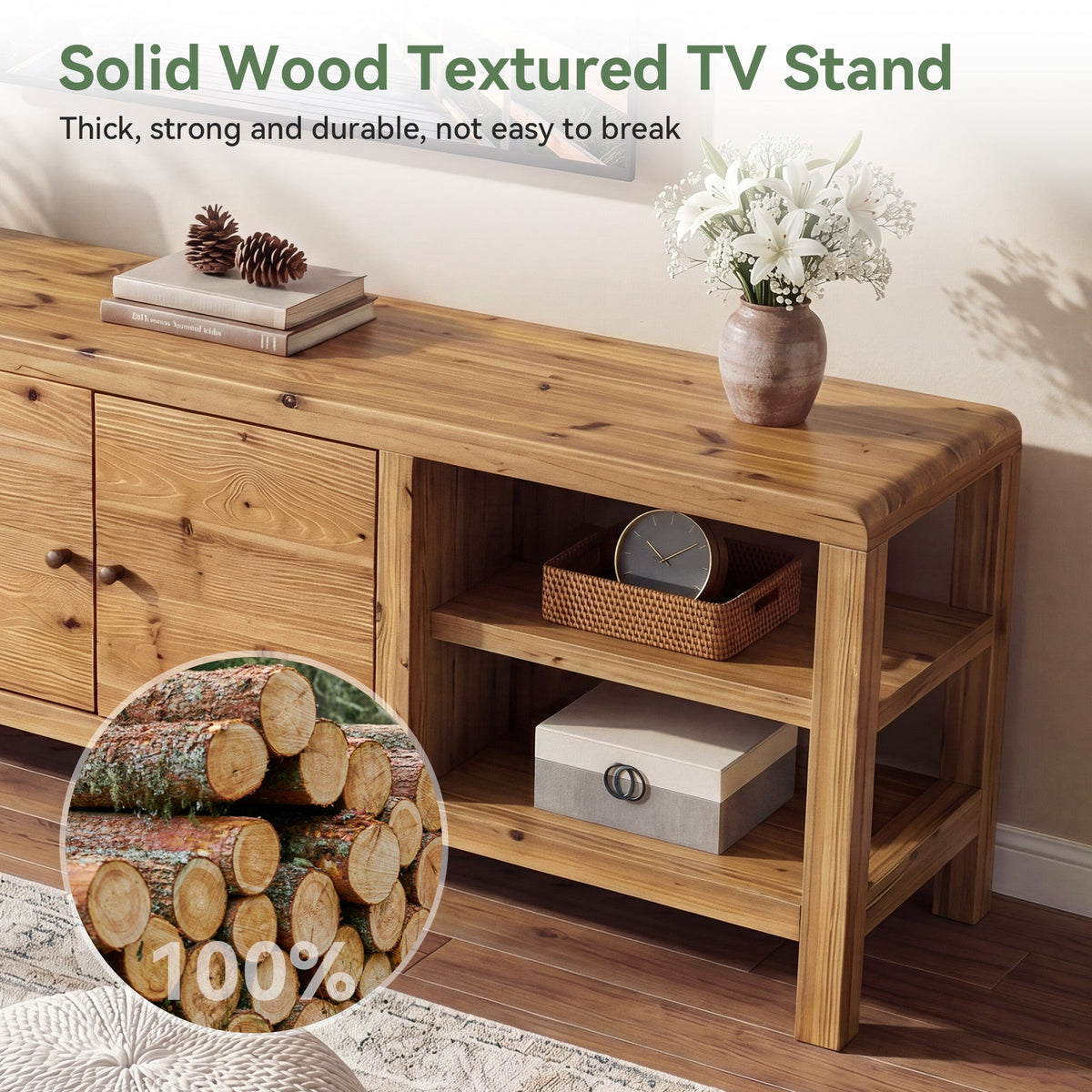 70.9" Solid Wood TV Stand with Door and Storage Shelves for TVs up to 80"