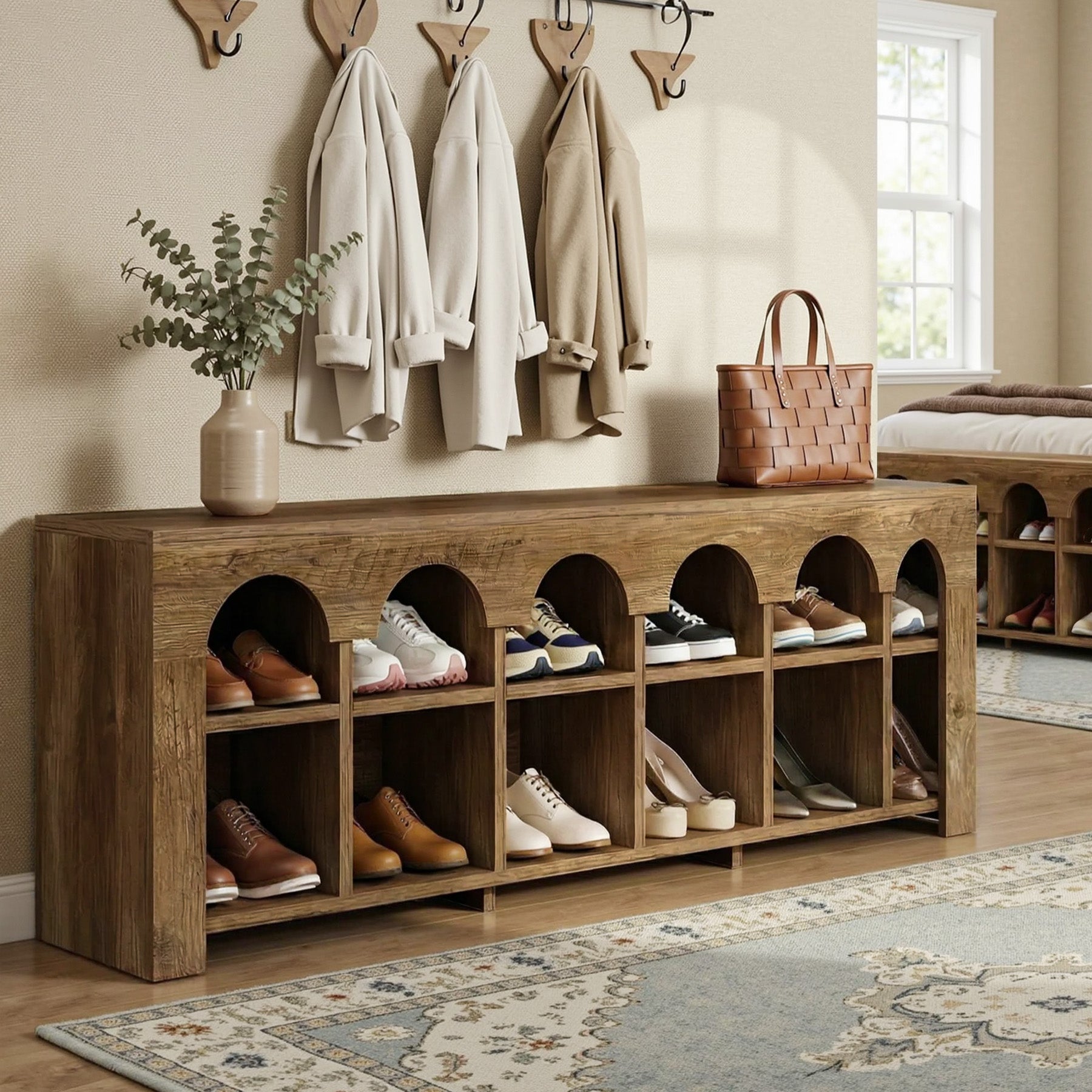 63" Entryway Bench with Shoe Storage, Farmhouse Bench with 12 Cubbies