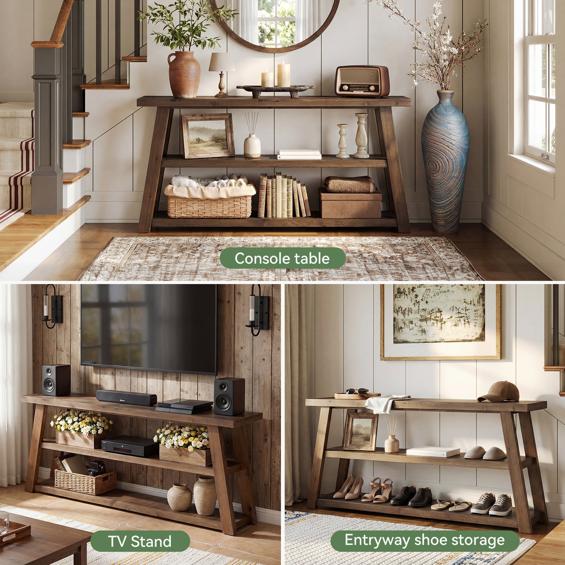 63" Solid Wood Console Table, 3-Tier Farmhouse Entryway Table with Storage Shelves