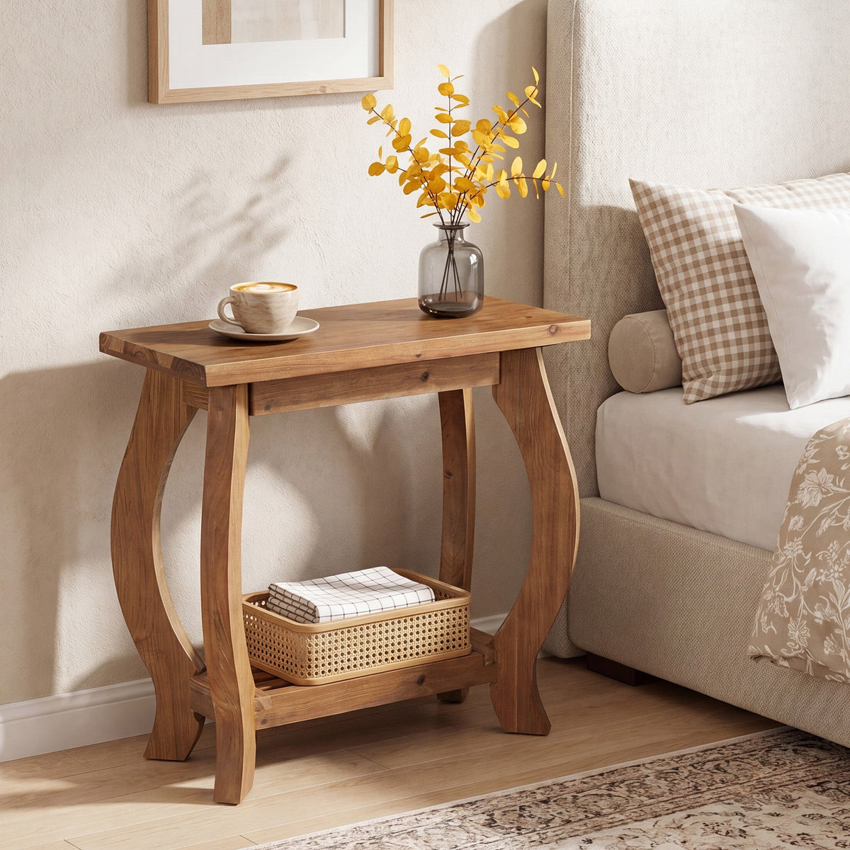 2-Tier Solid Wood End Table, Narrow Side Table with Shelf & Curved Legs for Small Spaces