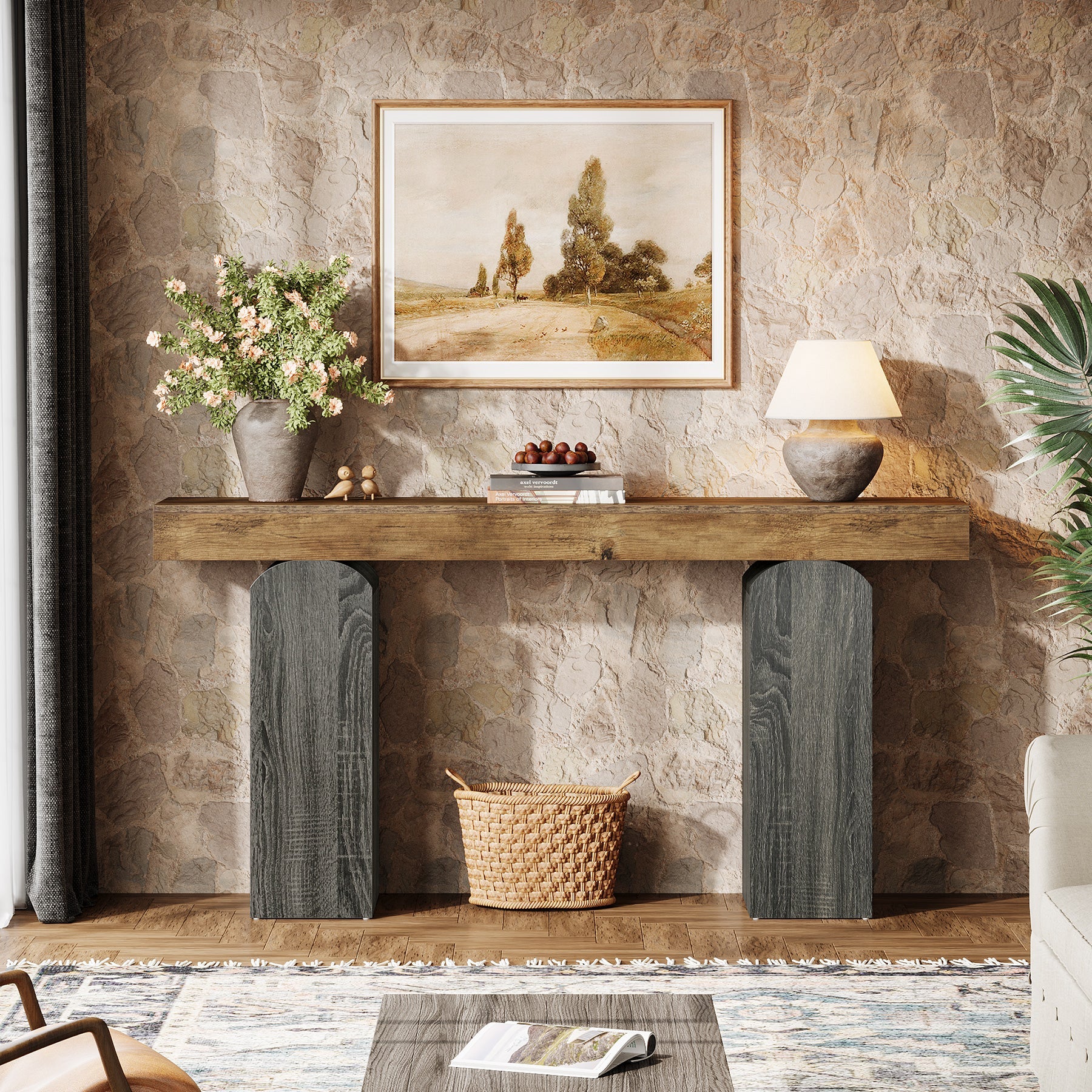 63" Console Table, Farmhouse Entryway Table with 2 Arched Pedestal Legs