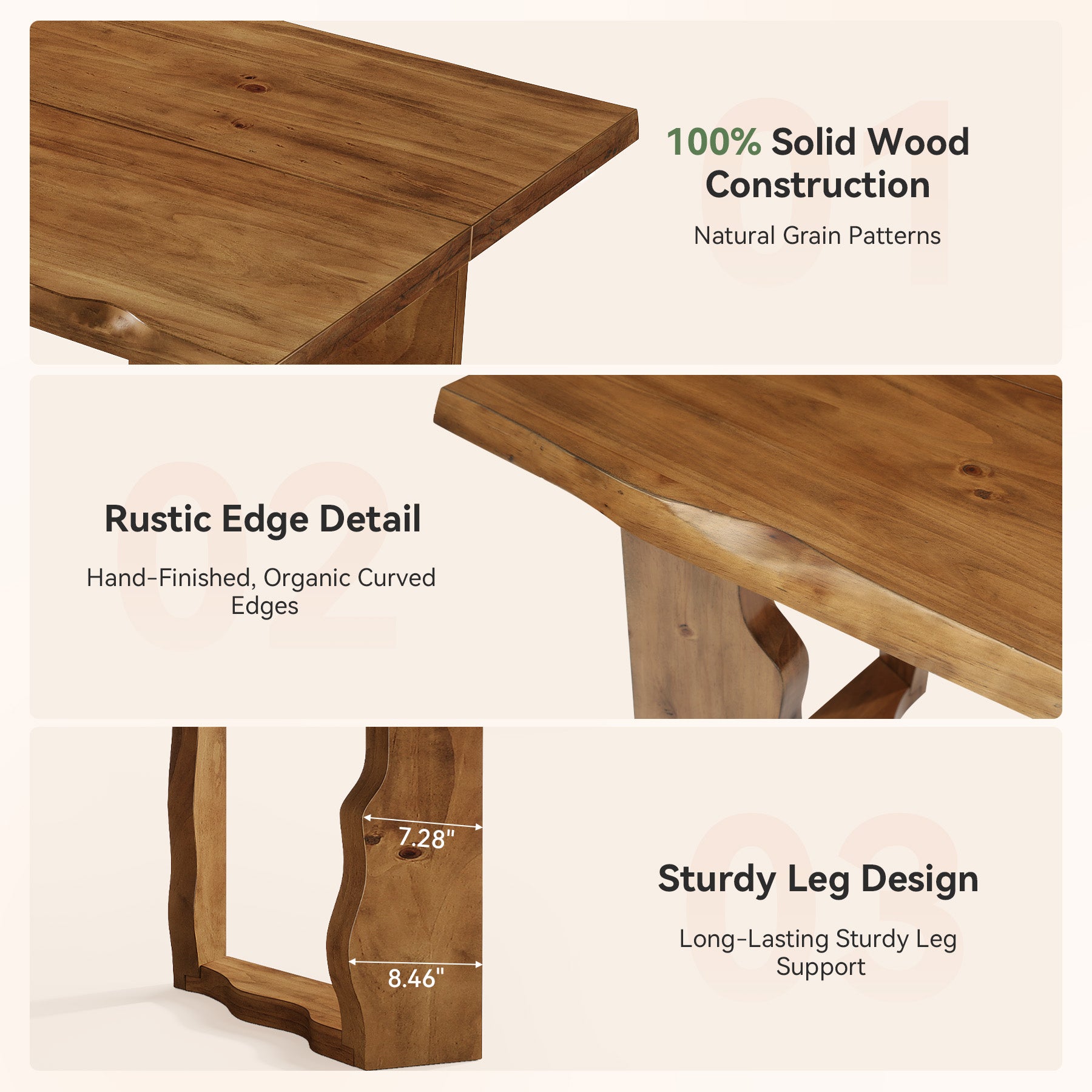 63" Solid Wood Dining Table for 6, Rectangular Kitchen Table with Sculptural Legs