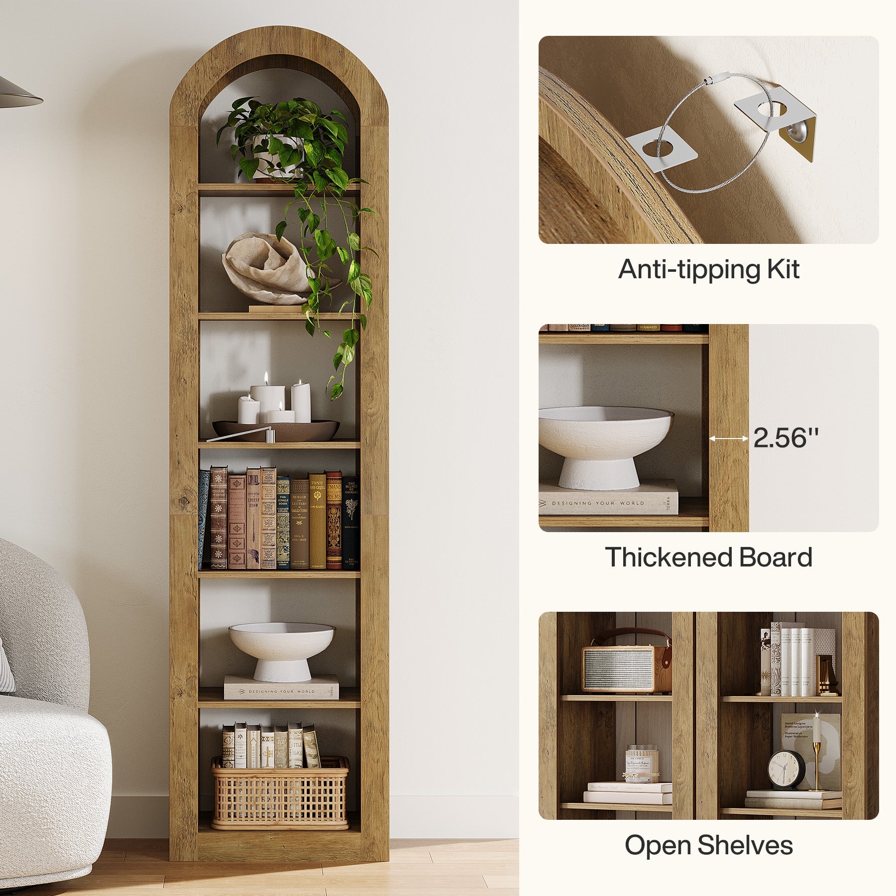 74.8" Arched Bookshelf, 6-Tier Narrow Open Bookcase Display Shelf