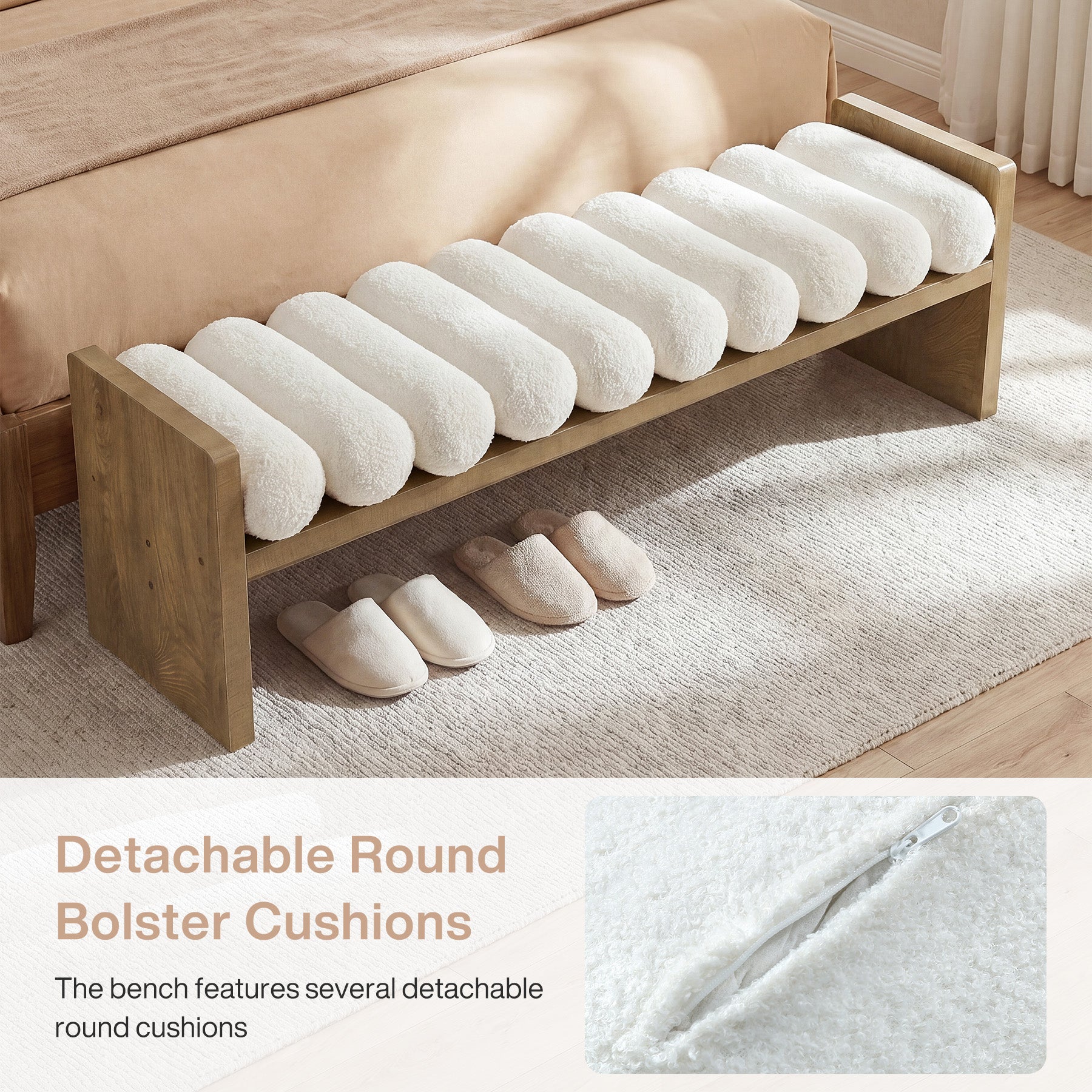 59'' Entryway Bench with Boucle Cushion, Upholstered Fabric End of Bed Bench for Hallway