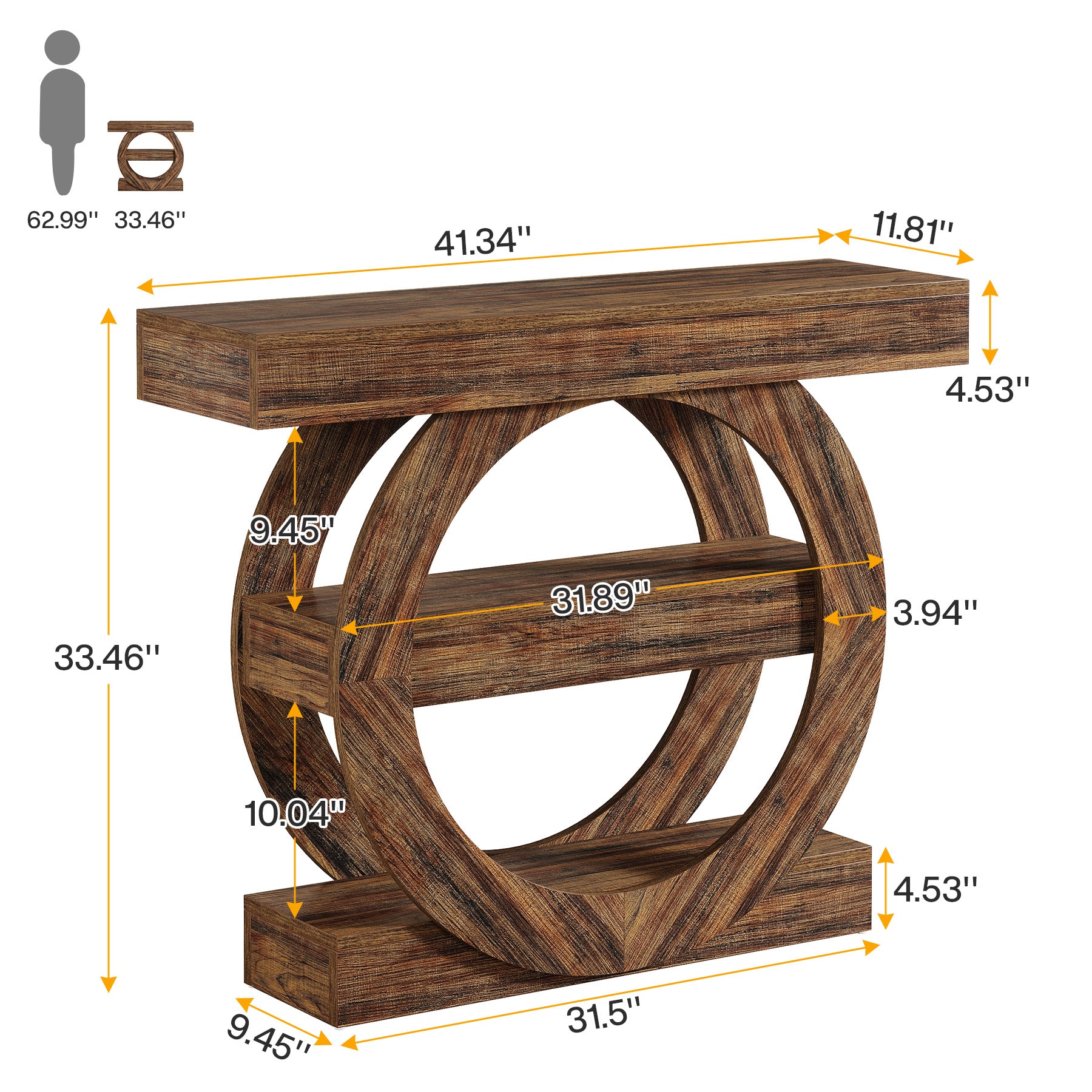 41.3" Console Table, 3-Tier Sofa Table Behind Couch with Circle Base