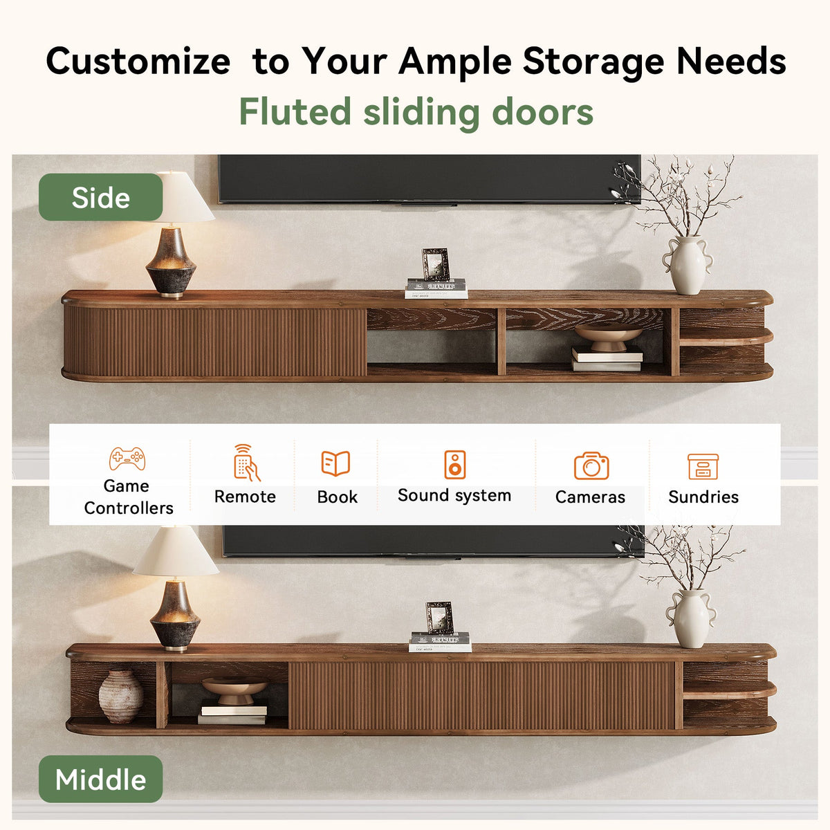 71" Floating TV Stand with Fluted Doors, Solid Wood Media Console with Cable Management for 50-90" TVs
